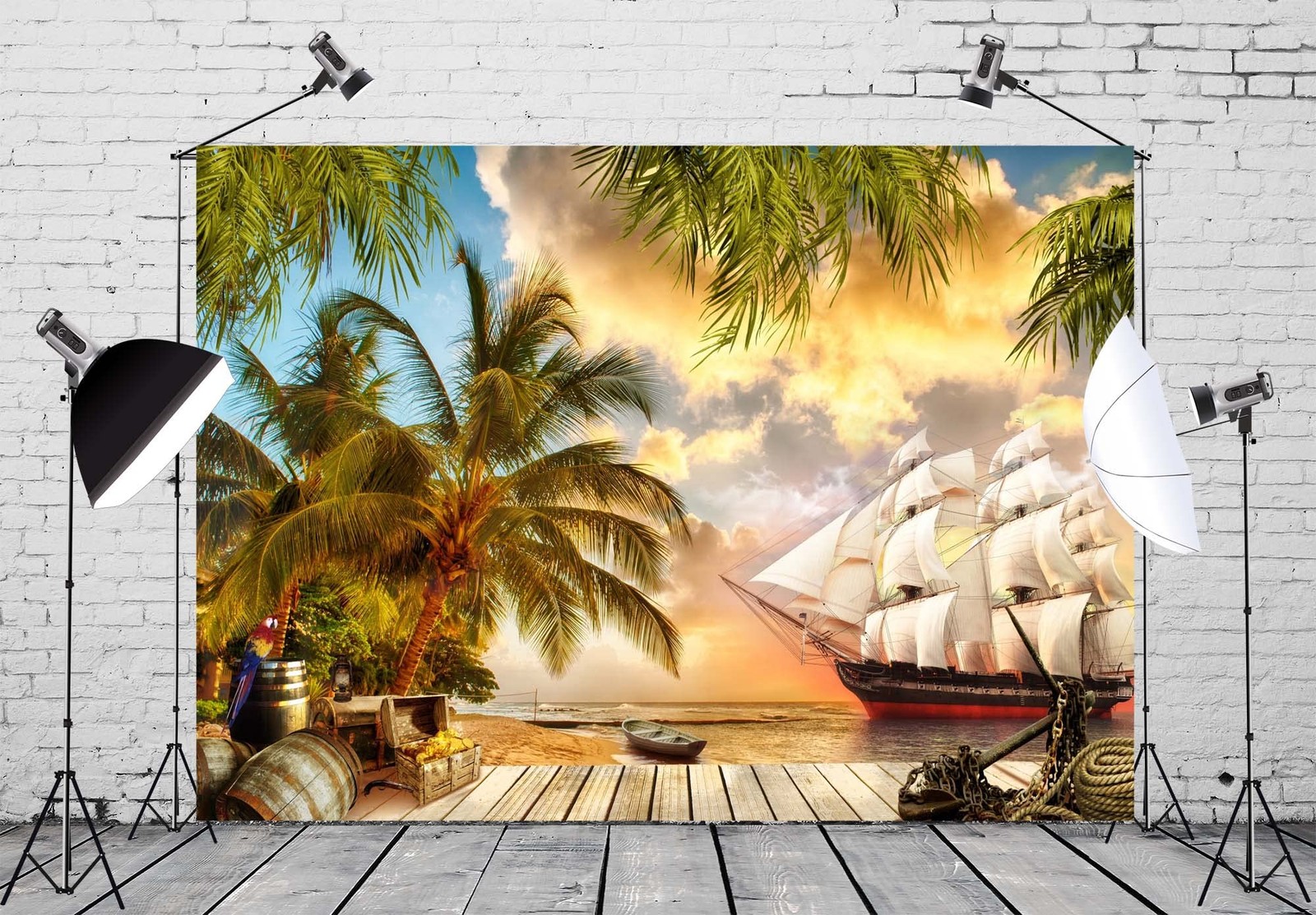 Beach Island Pirate Ship Backdrop Fabric 5x3ft Summer Ocean Background Decor