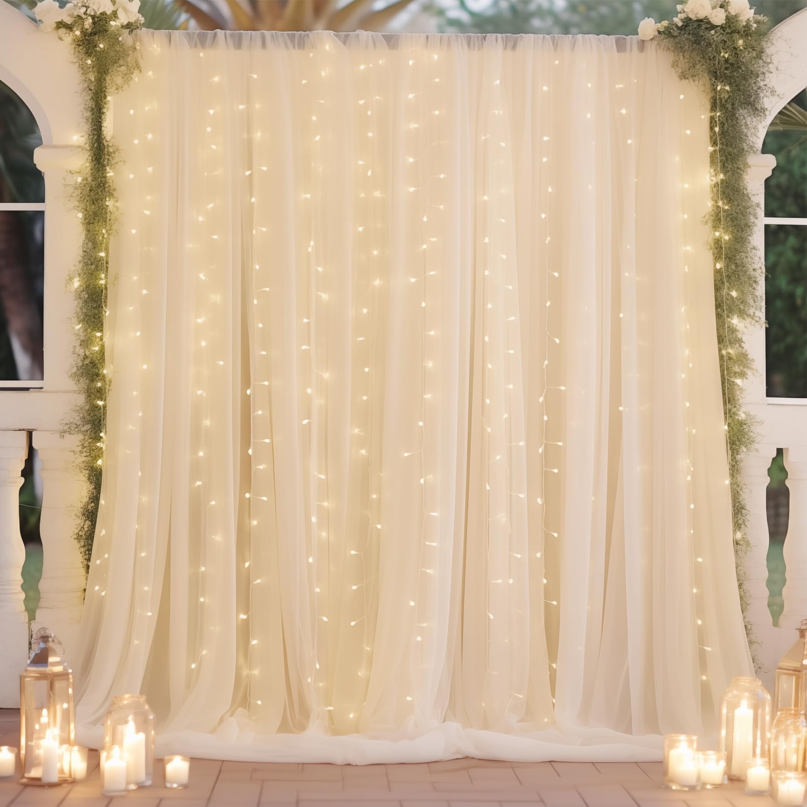 10x10ft Beige Chiffon Backdrop Curtain Set With Lights String Wedding
