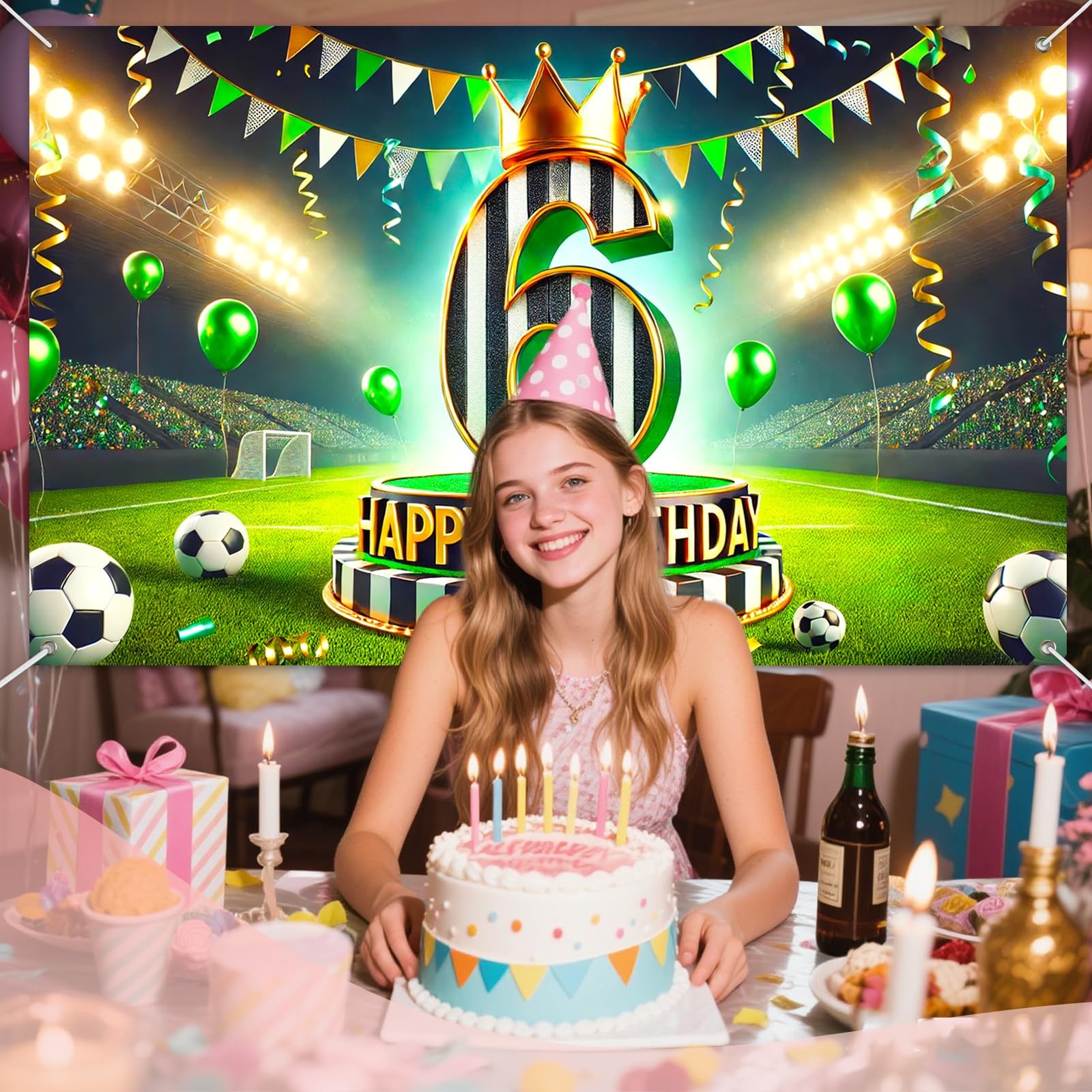 Soccer 6th Birthday Backdrop Banner 71×43 Inch Black White Green Crown Footba…