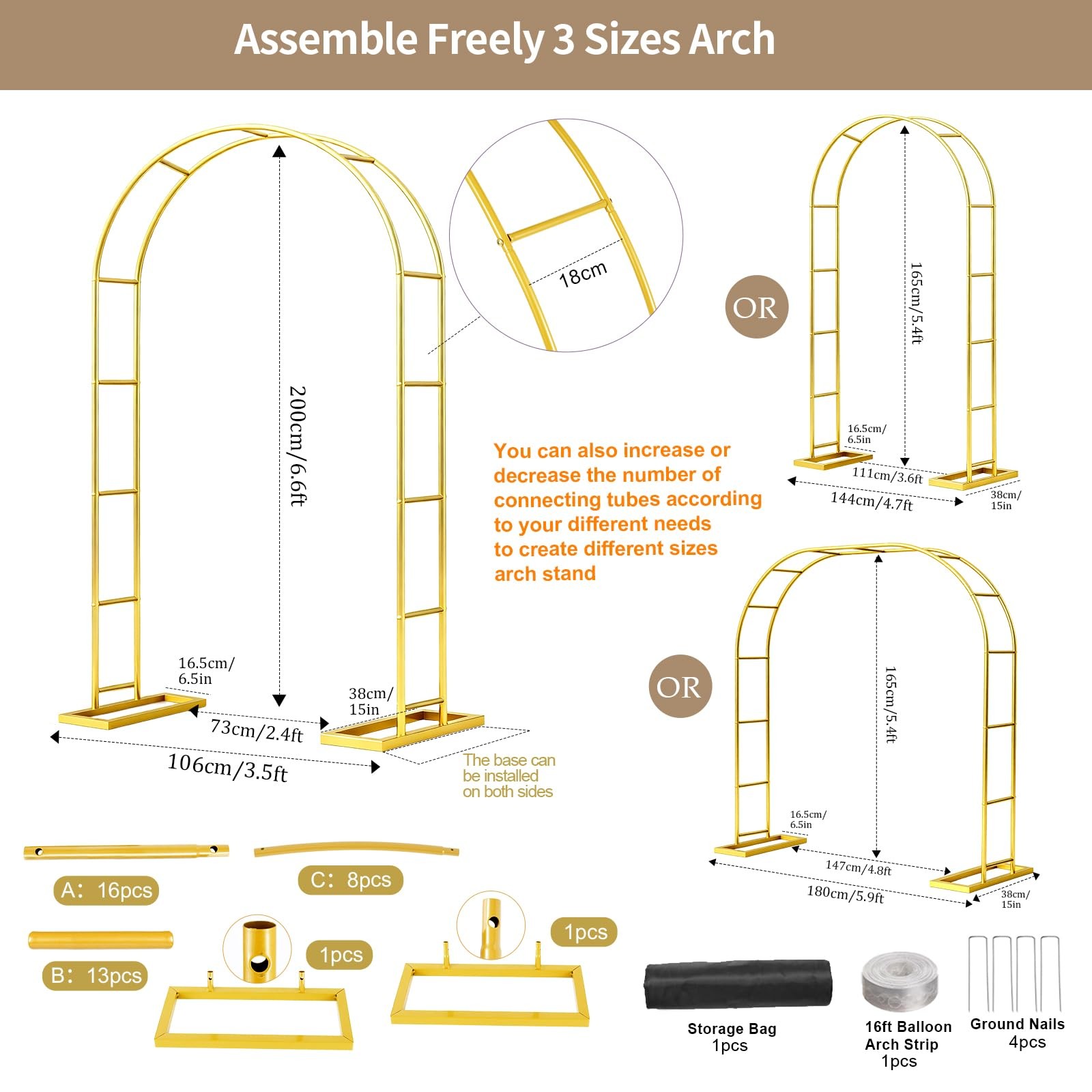 6.6FT Metal Wedding Arch Stand Gold Square Arched Backdrop Frame，Assemble Fre…