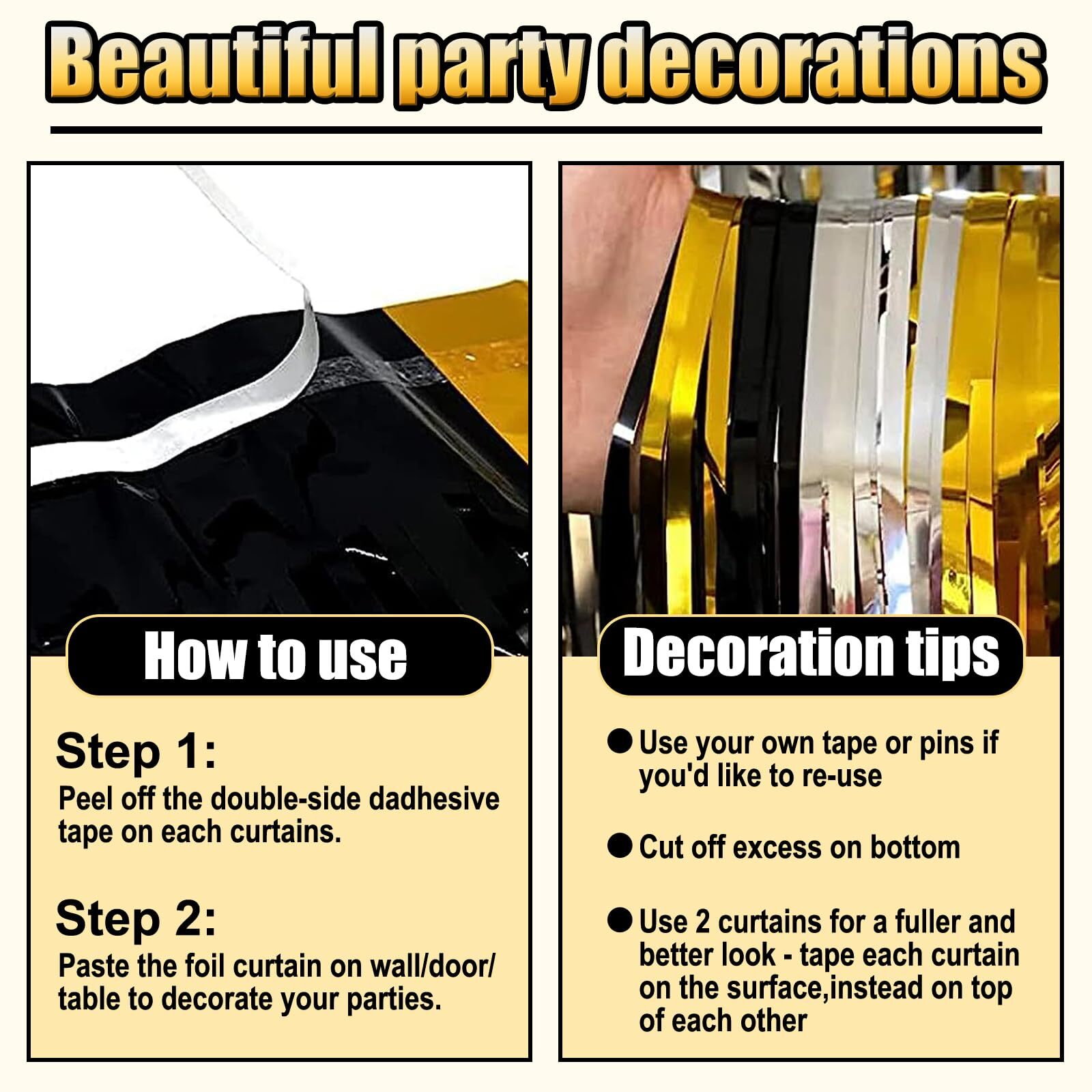 3 Pack Black Gold Silver Foil Fringe Curtains 3.28×6.6Ft Party Photo Decor