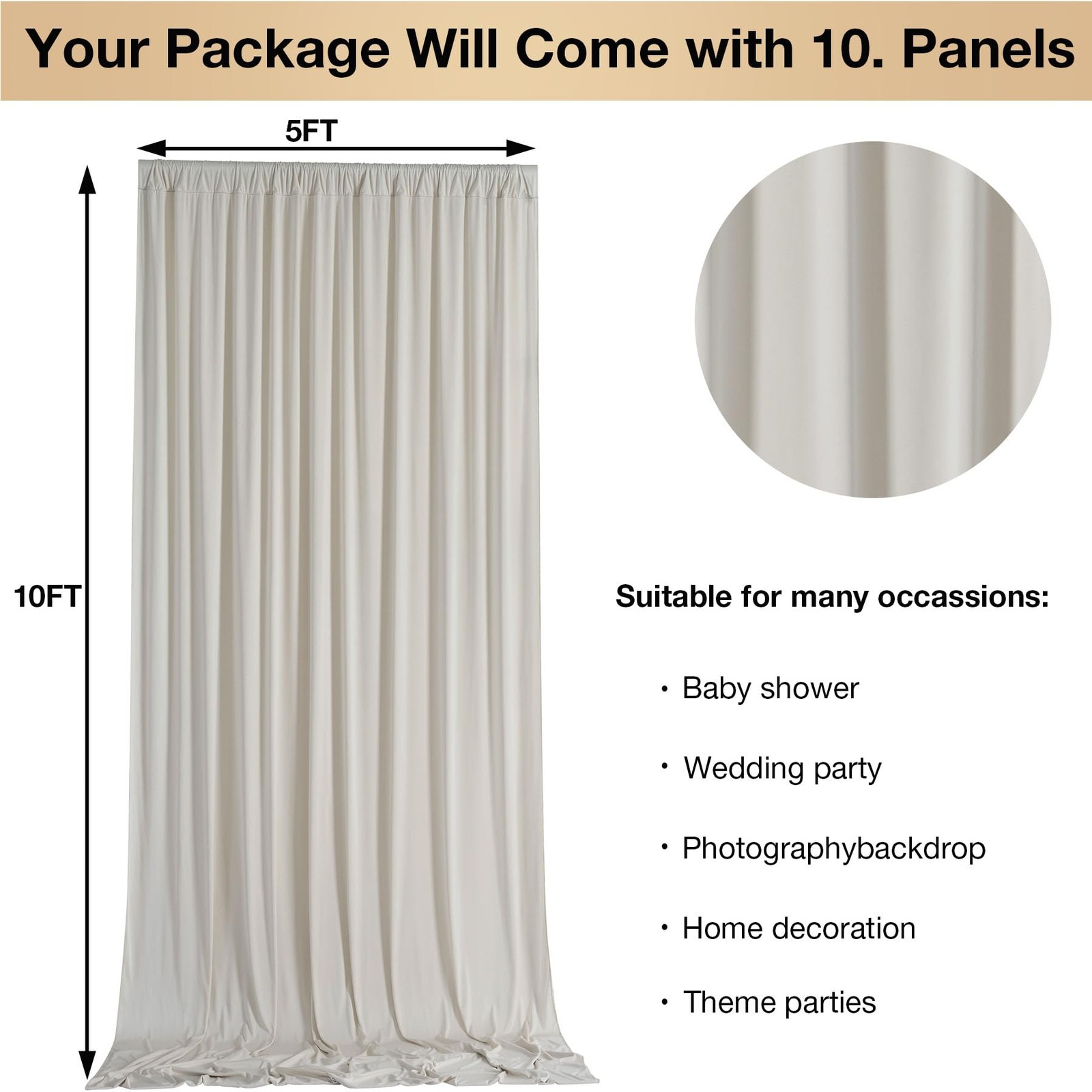 50ftx10ft Wrinkle Free Beige Backdrop Curtains for Parties, 50ftx10ft, Beige2