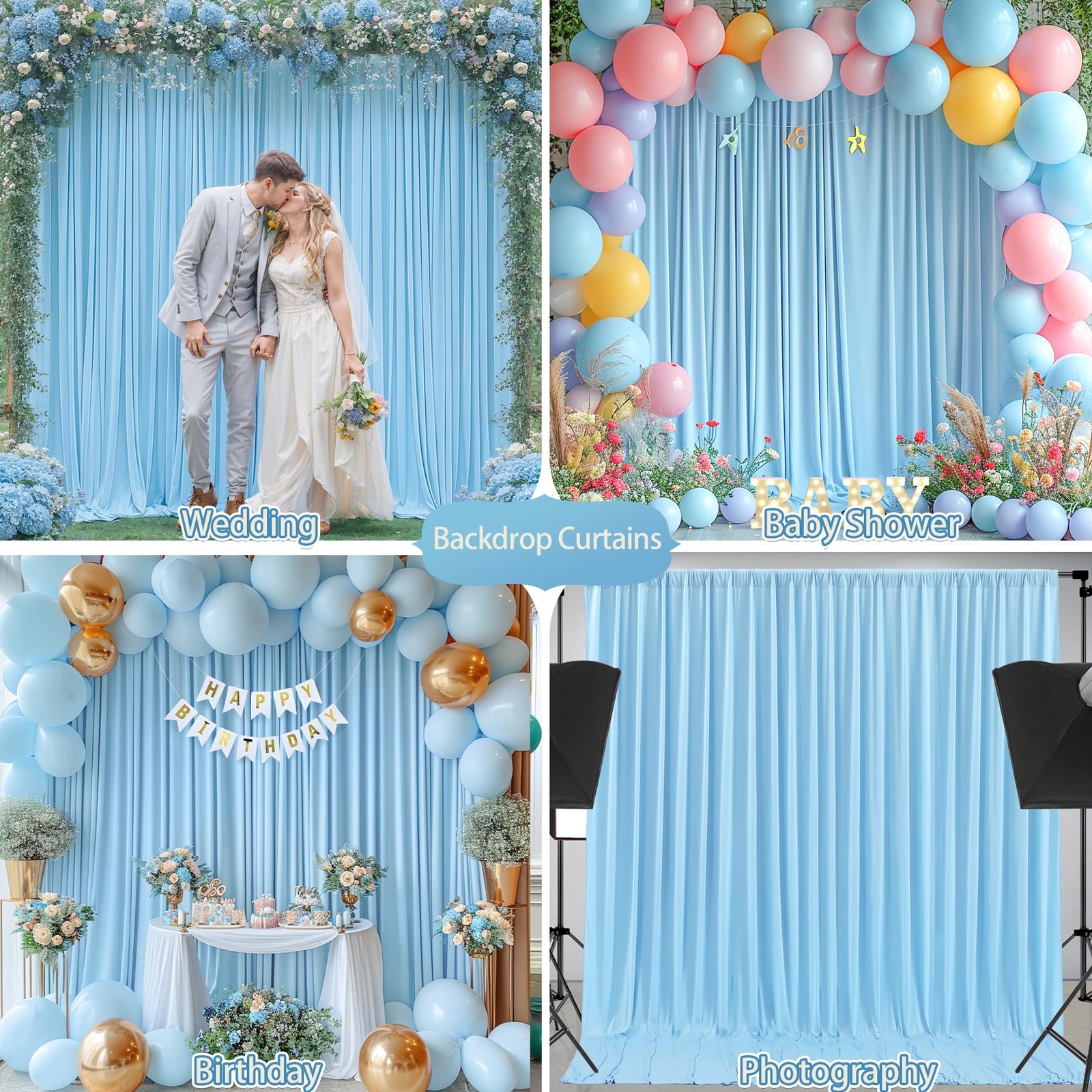 Baby Blue Backdrop Curtain 8×10 Ft 2 Panels Wrinkle Free Photo Drapes Decor