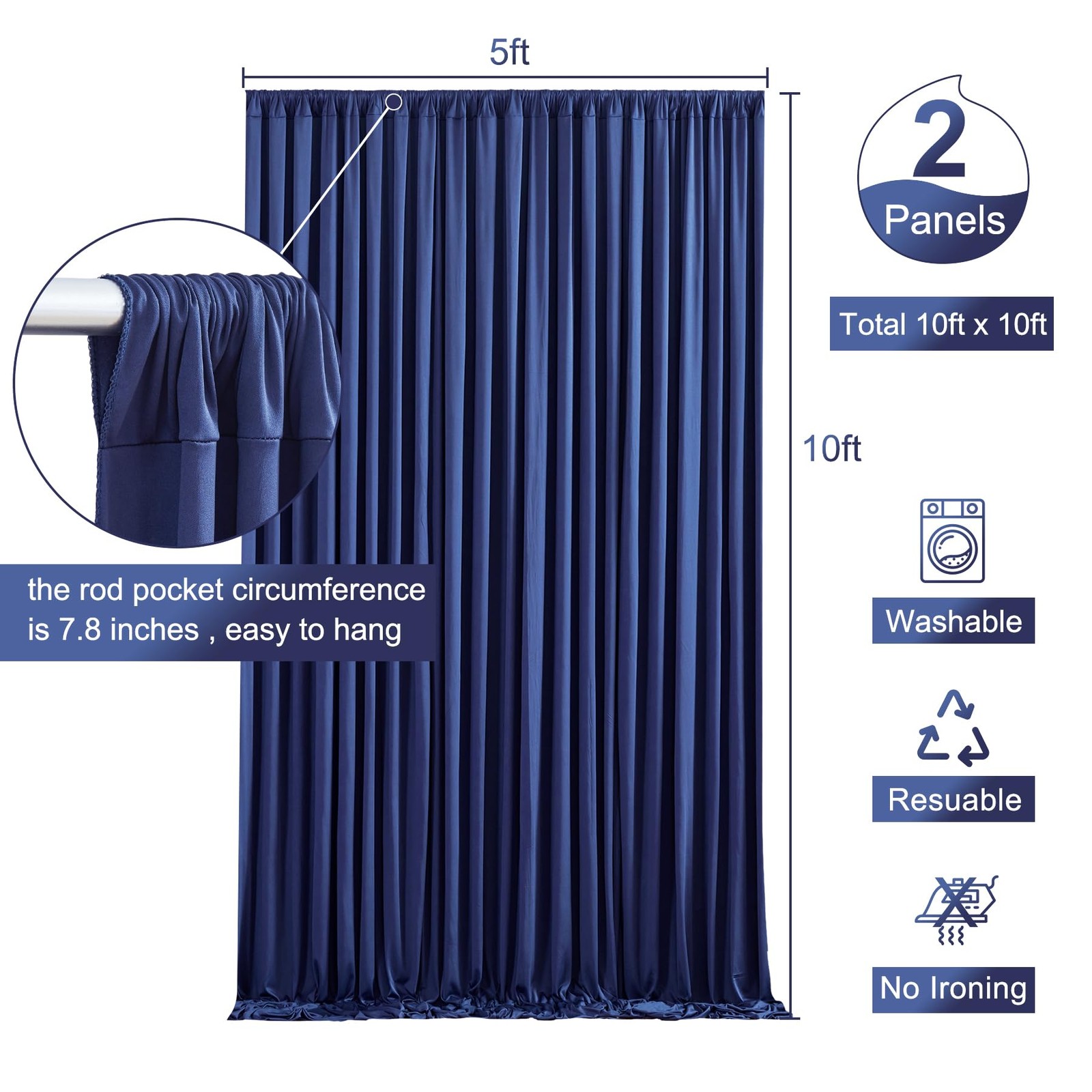 2 PCS 5×10 Ft Navy Blue Backdrop Curtain Wrinkle Free Photo Background Drape
