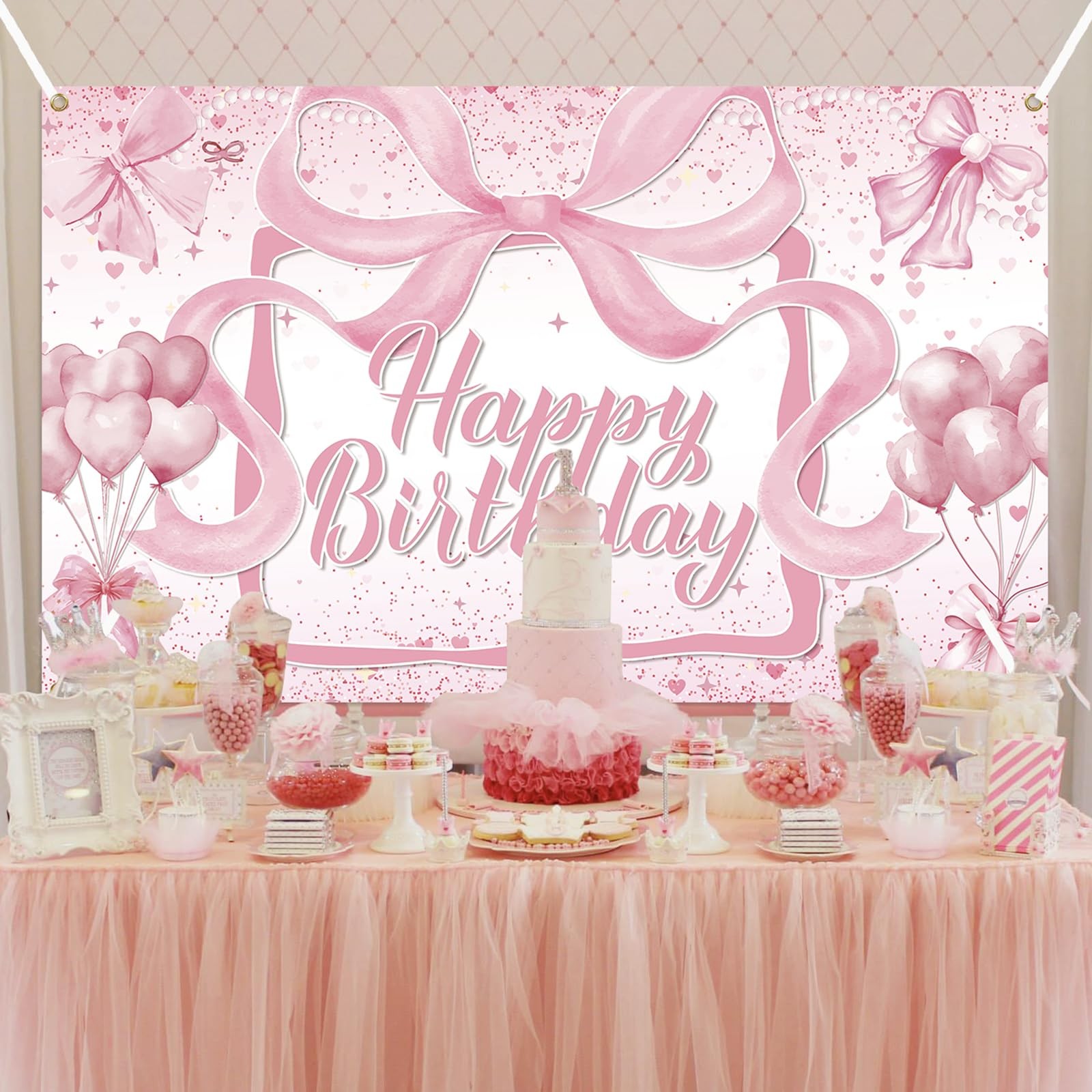 Pink Bow Coquette Happy Birthday Party Decoration Backdrop 6×3.6 Ft Banner