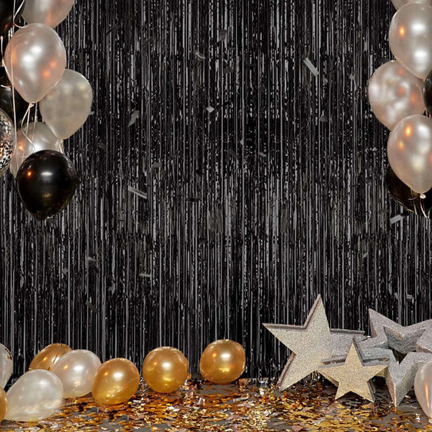 3 Pack Foil Fringe Backdrop – Black Shiny Tinsel Curtains for Party 3.3×8.2 FT