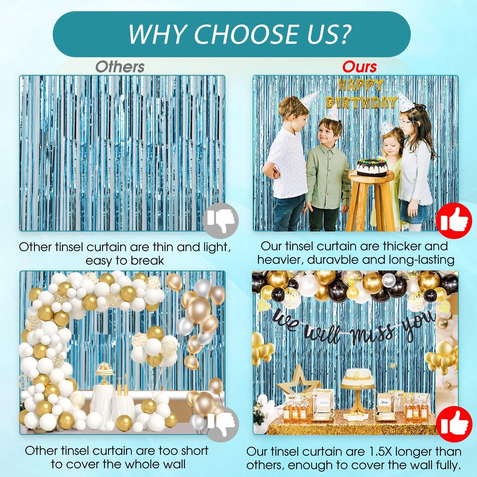 3 Pack Light Blue Foil Fringe Backdrop Curtain Streamer Birthday 3.3×9.9 ft