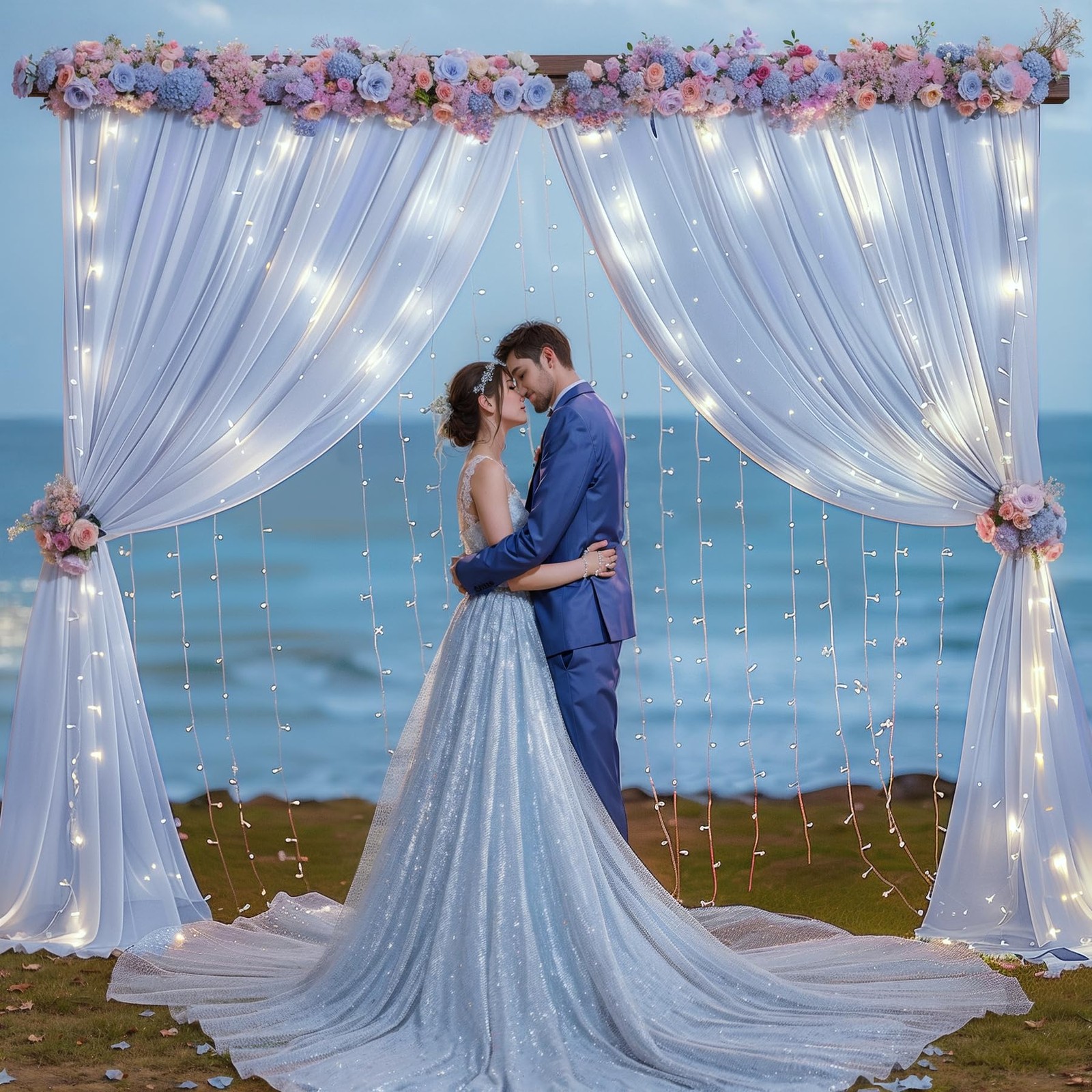 10 x 10 Ft Baby Blue Chiffon Backdrop Curtain Lights String Wedding Photo