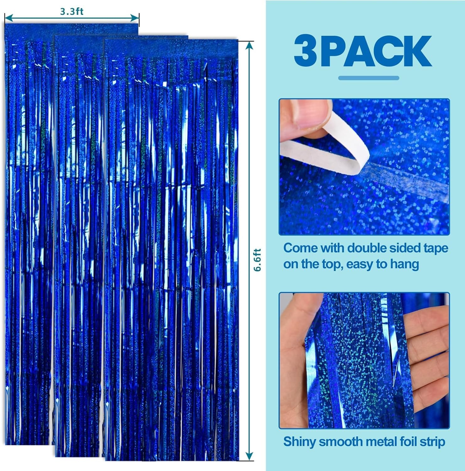 3 Pack Blue Foil Fringe Backdrop Curtains for Parties and Celebrations