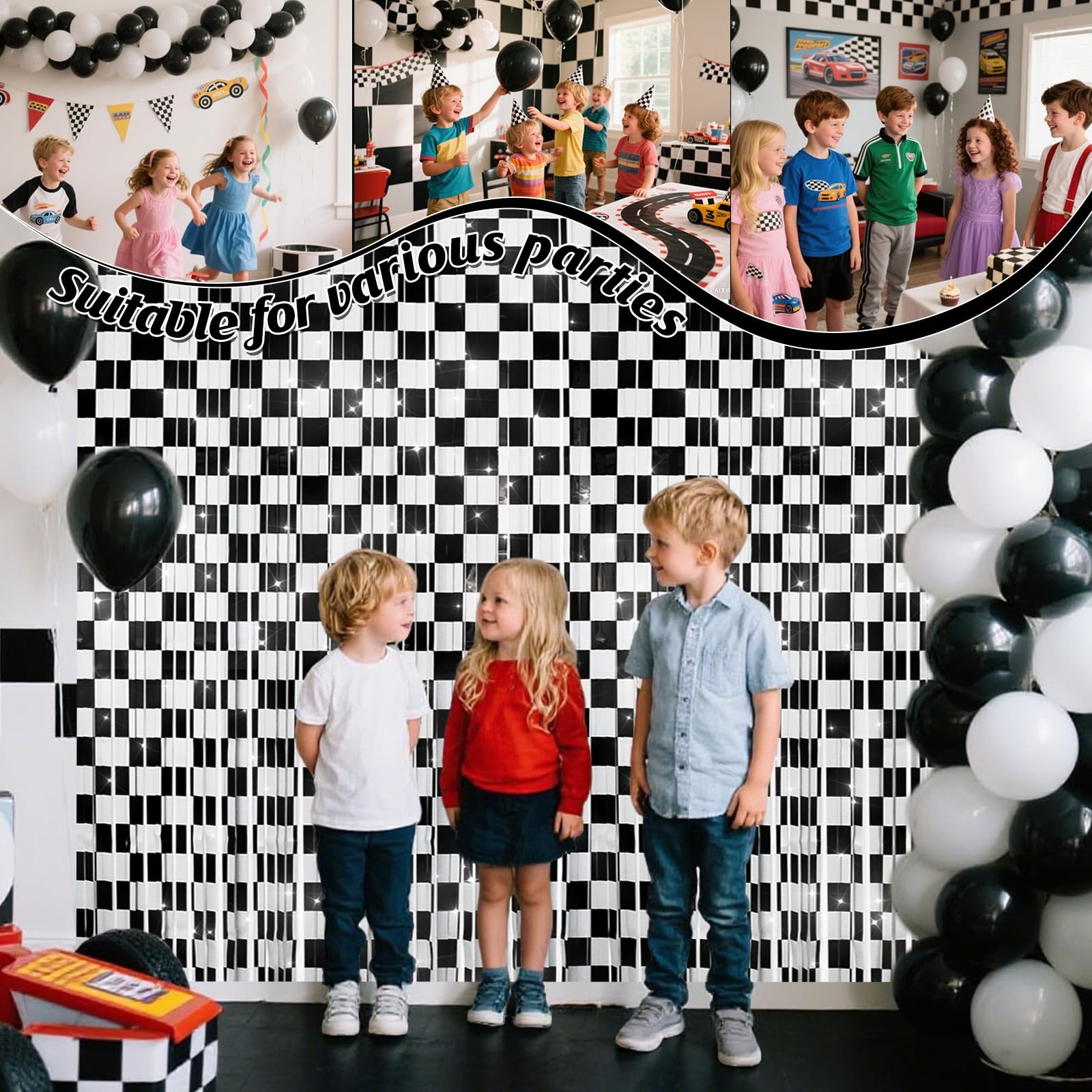 2 PCS Race Car Foil Fringe Curtains Backdrop 3.28×6.56FT Black White Prop