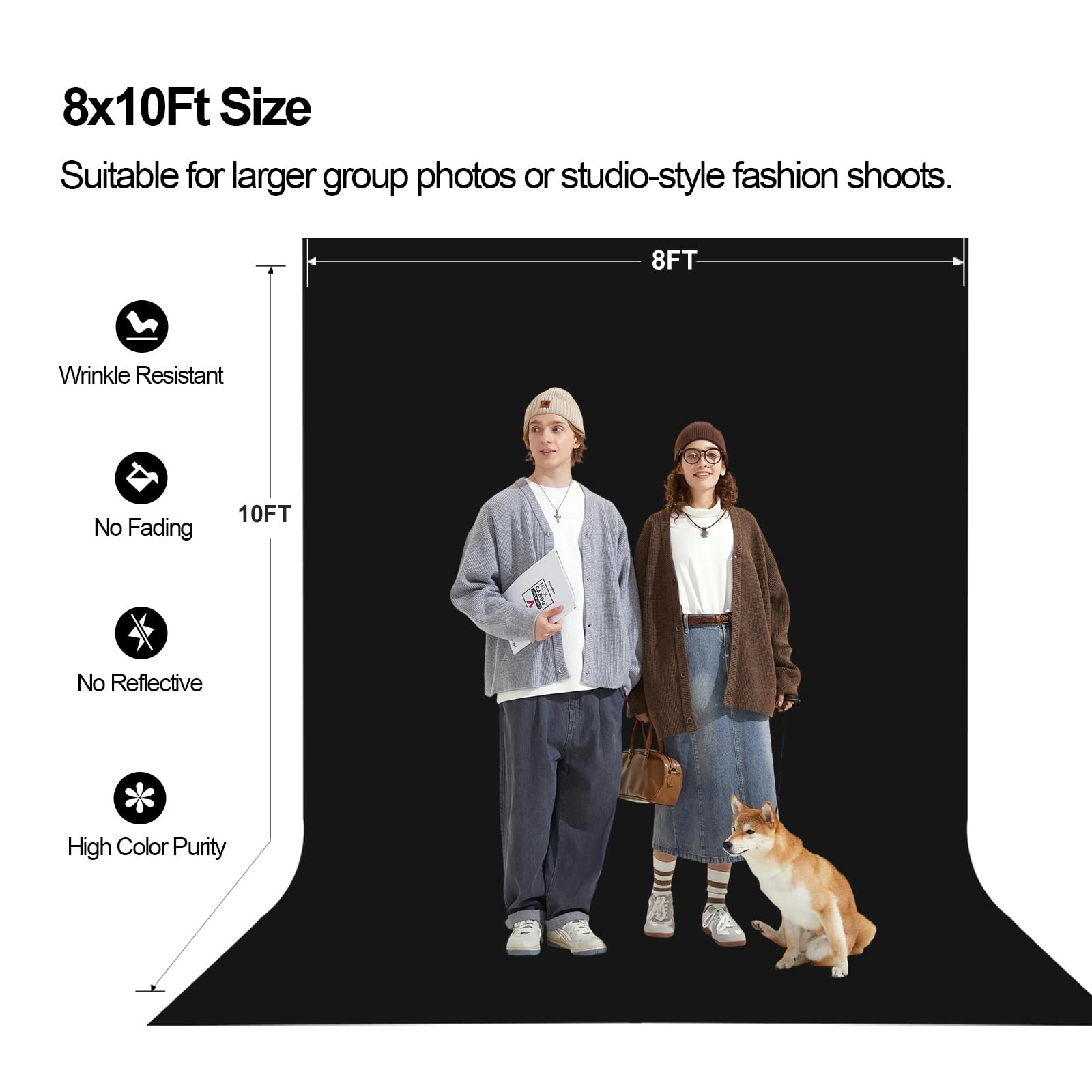 8×10 FT Black Backdrop for Photography, Large Black Screen for Portraits, Bac…