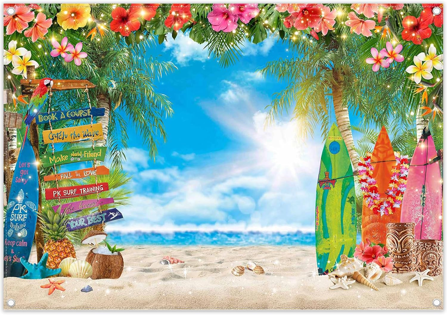 7X5Ft Summer Hawaiian Beach Photography Backdrop Tropical Flower Palm Leaves Sur