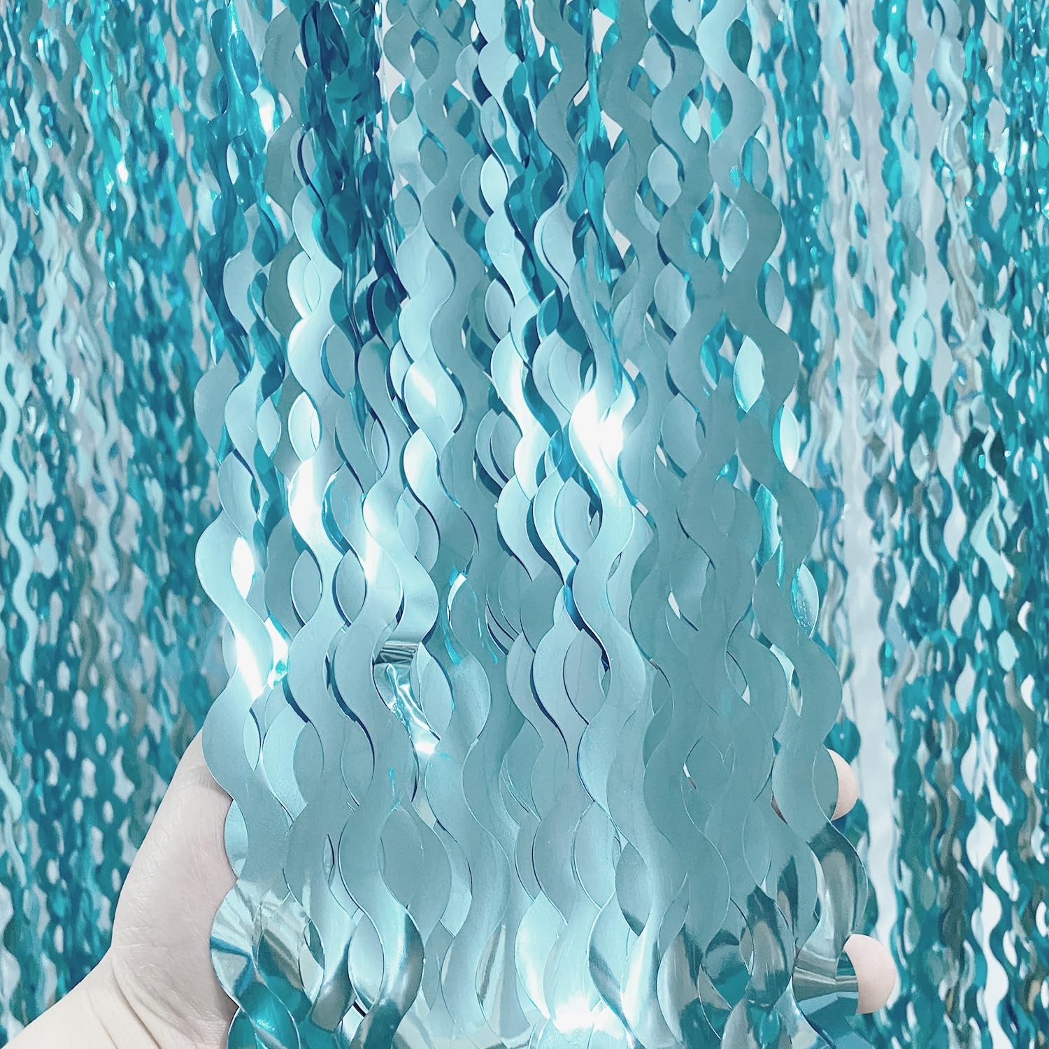 2 PCS 6.4×6.5 Ft Metallic Tinsel Foil Fringe Curtain Party Wavy Light Blue