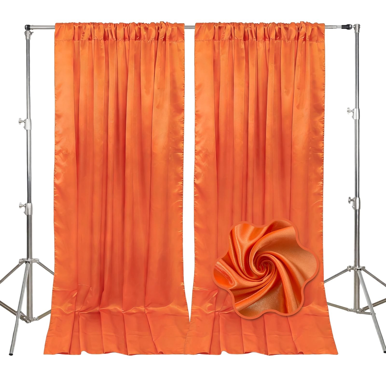 2 PCS 10×10 Ft Orange Fabric Satin Backdrop Curtain Rod Pocket Party Drapes