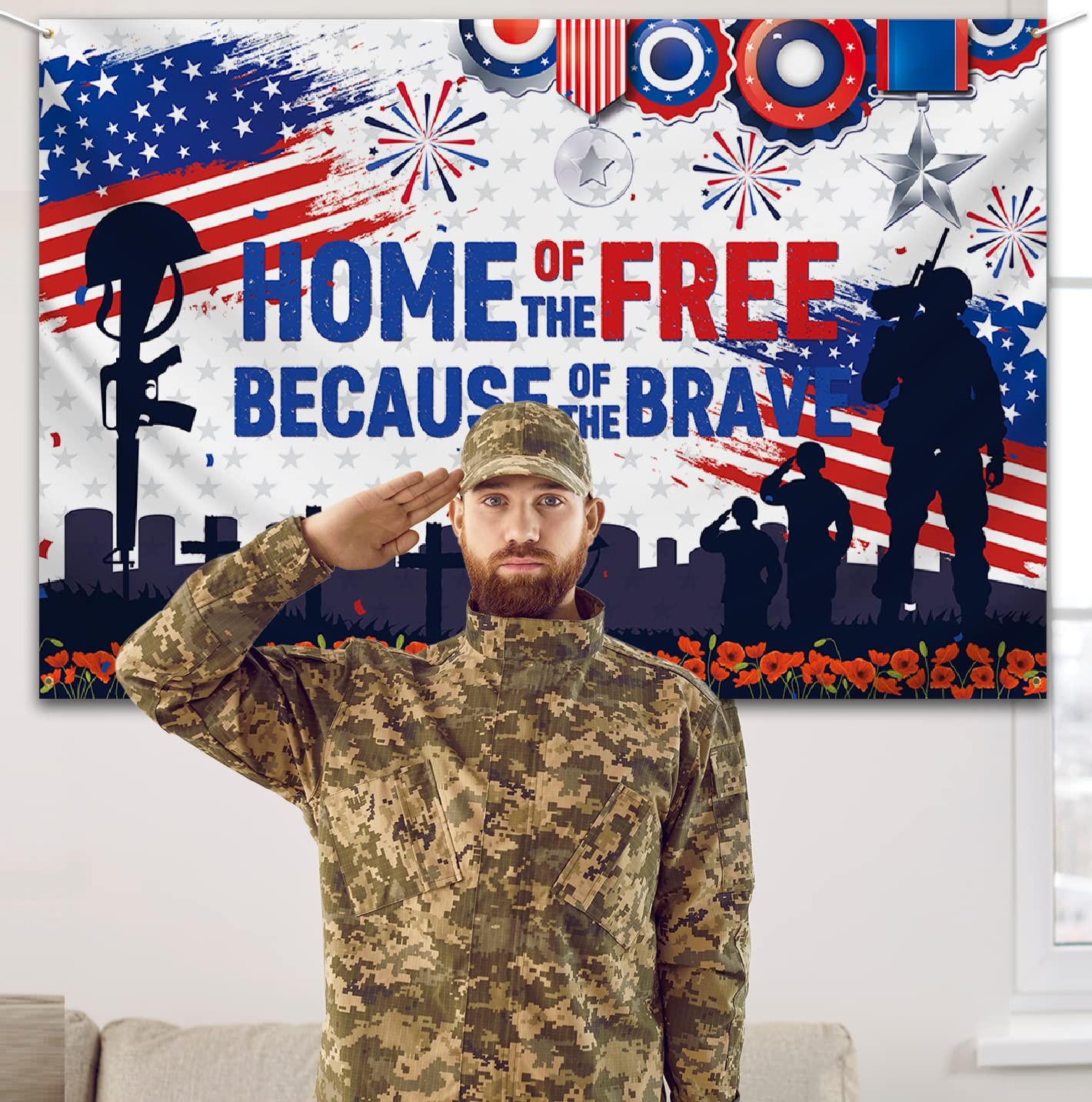 Patriotic Soldier Backdrop,4th of July Home of The Free Photo Background Banner.