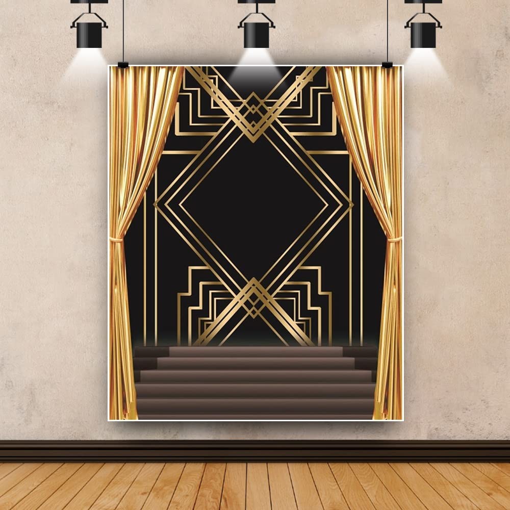 Black Golden Backdrop For Party 8×10 Ft Fabric Roaring 20s Decorations Prom