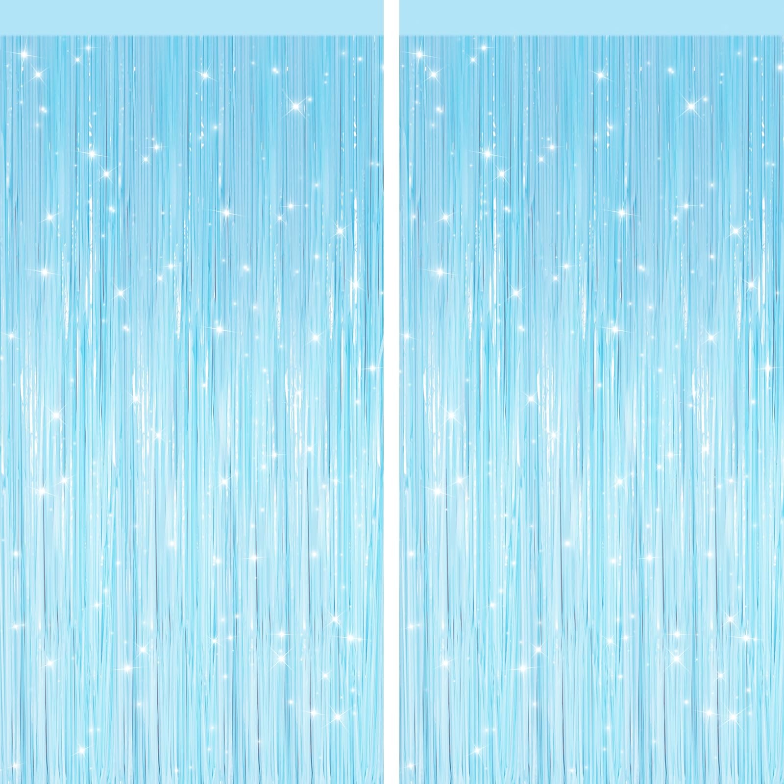 2 PCS Macaron Light Blue Metallic Tinsel Foil Fringe Curtain Photo Backdrop
