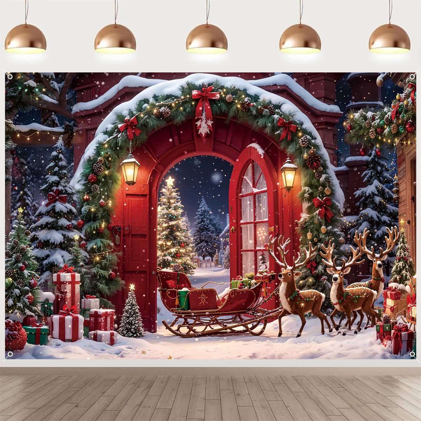 Christmas Backdrop 10x8ft Winter Forest North Pole Xmas Tree Reindeer Snowfla…