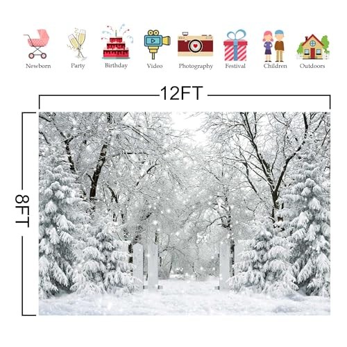 12x8FT White Winter Forest Scene Photography Backdrop – Wonderland Snowflake
