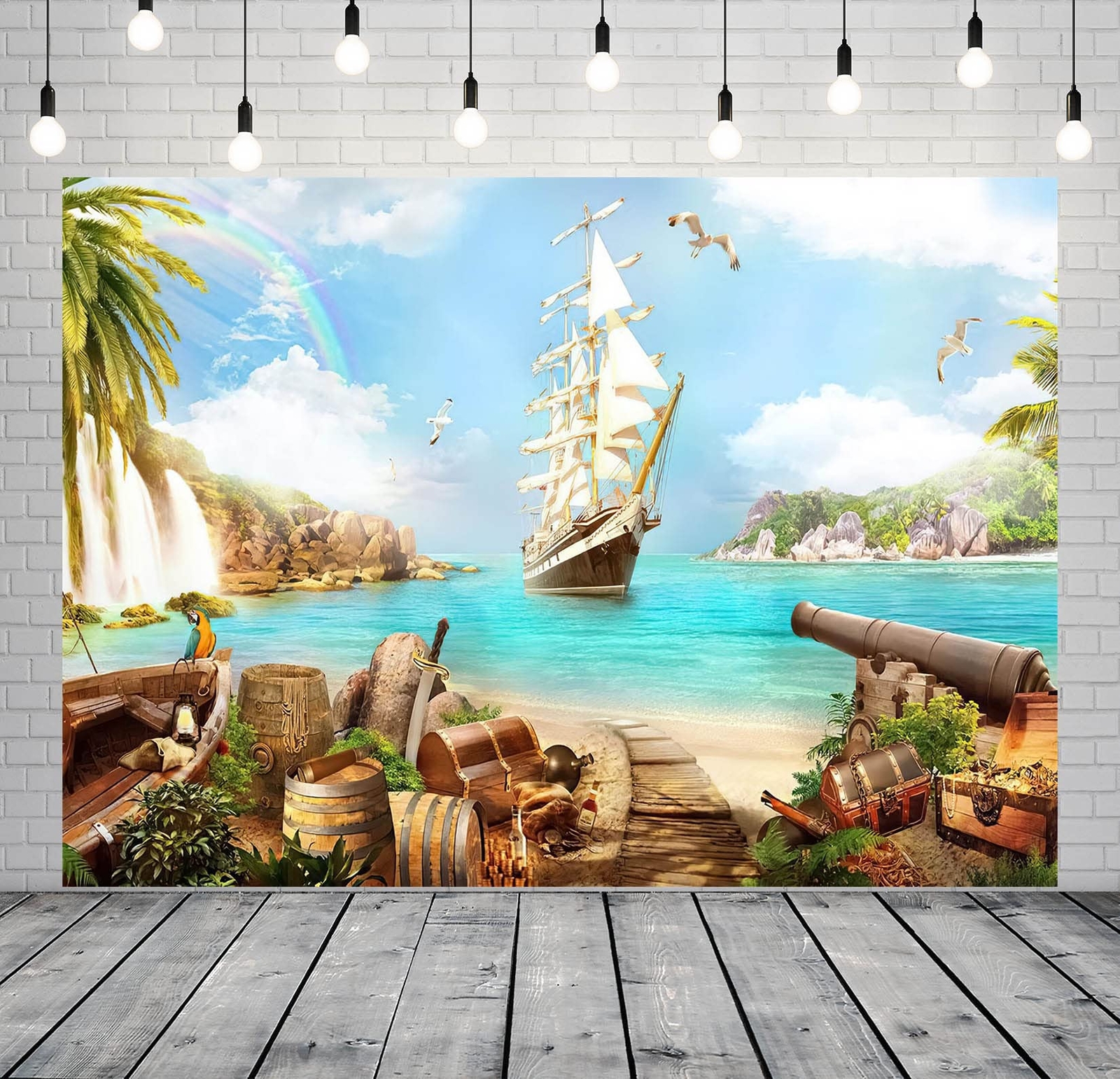 8x6ft Fabric Beach Island Pirate Theme Backdrop Pirate Ship Treasure Chests B…