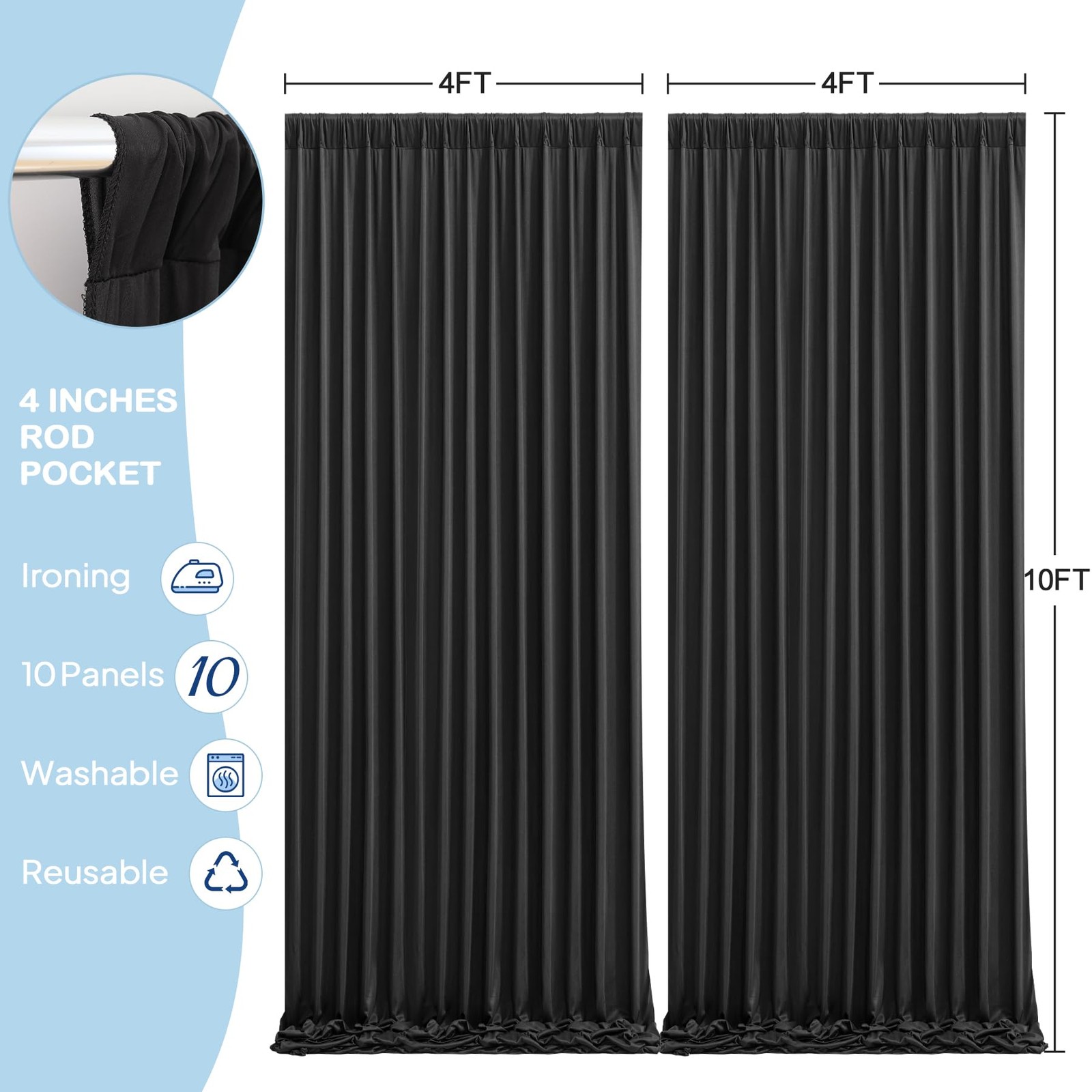 10 Panels Black Backdrop Curtains – Wrinkle Free W4′ x H10′(10 panels),