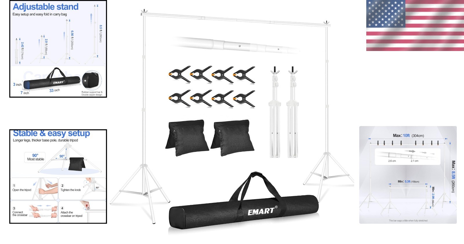 Adjustable Backdrop Stand 10×8.5ft Kit with Crossbars, Clamps & Sandbags – White