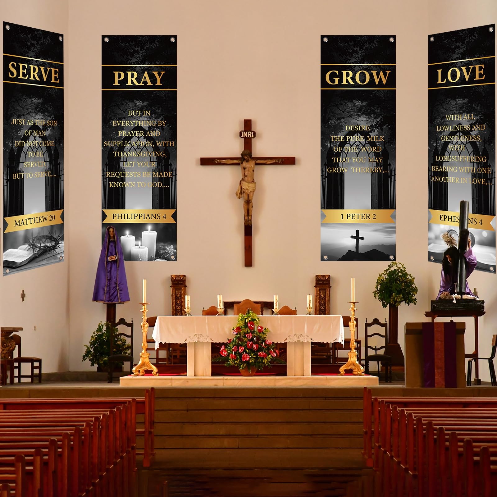 4Pcs Church Banners for Sanctuary Wall Welcome Religious Banners Hanging Back…