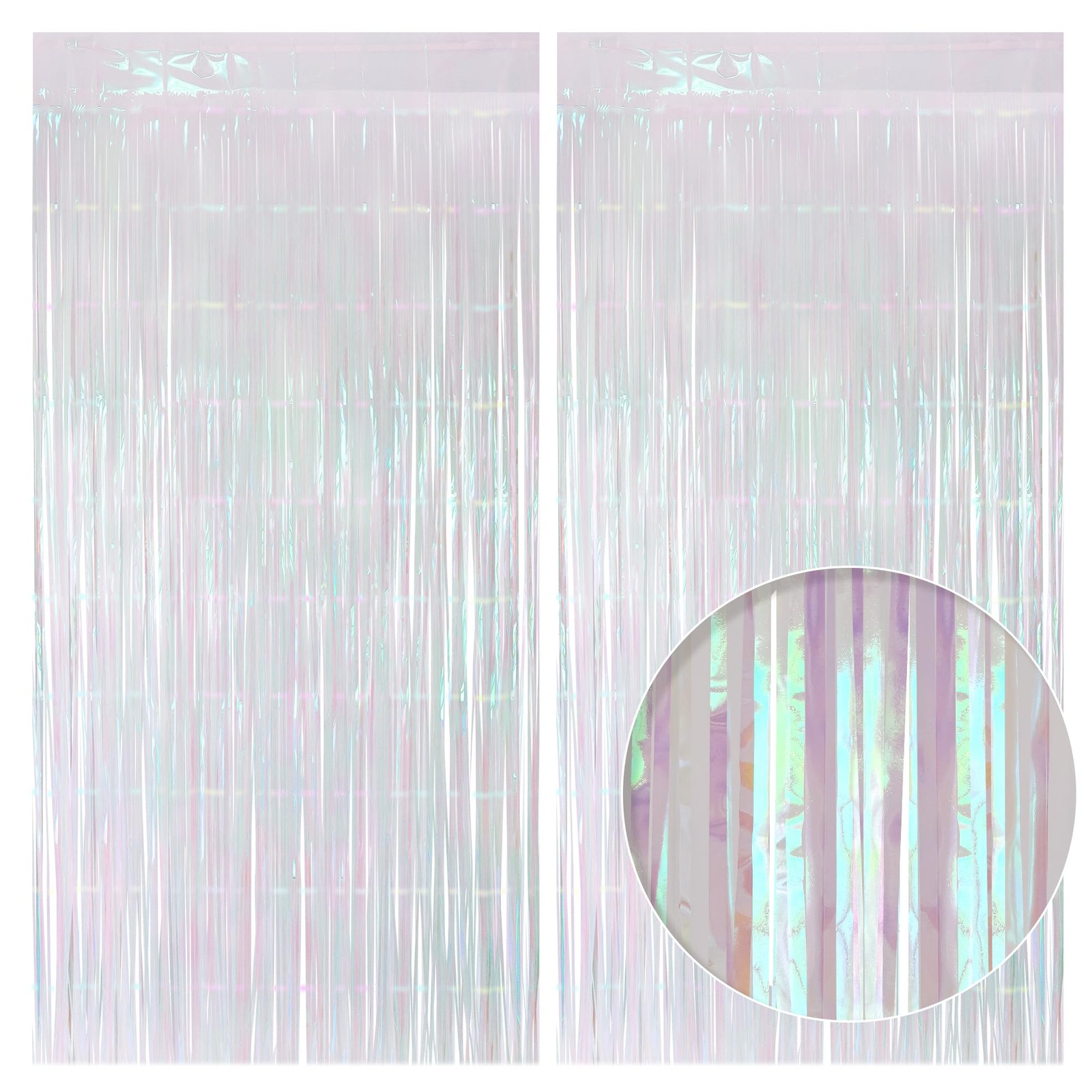 2 Pack White Iridescent Streamers Backdrop, 3.3×6.6ft Foil 2 Pack,
