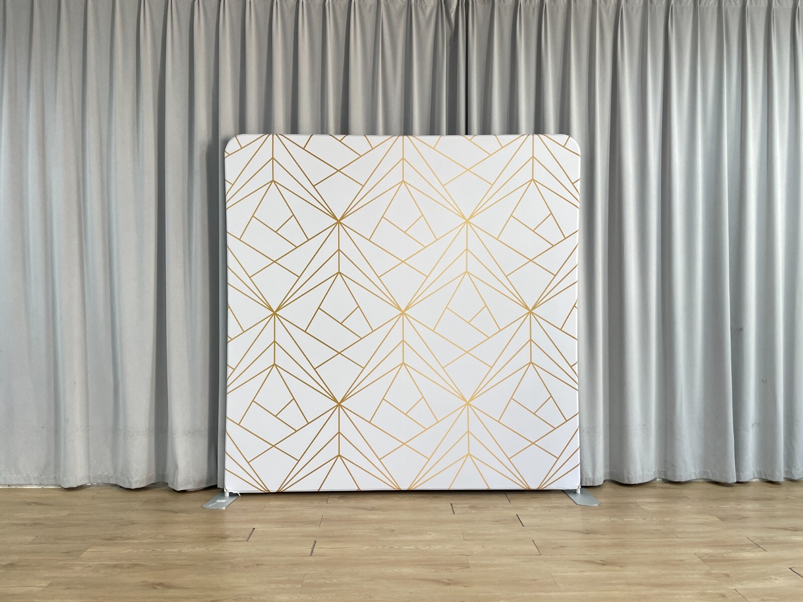 Bakod Gold Geometric White Pillow Case Tension Fabric Backdrop w/ 8ftx8ft Frame