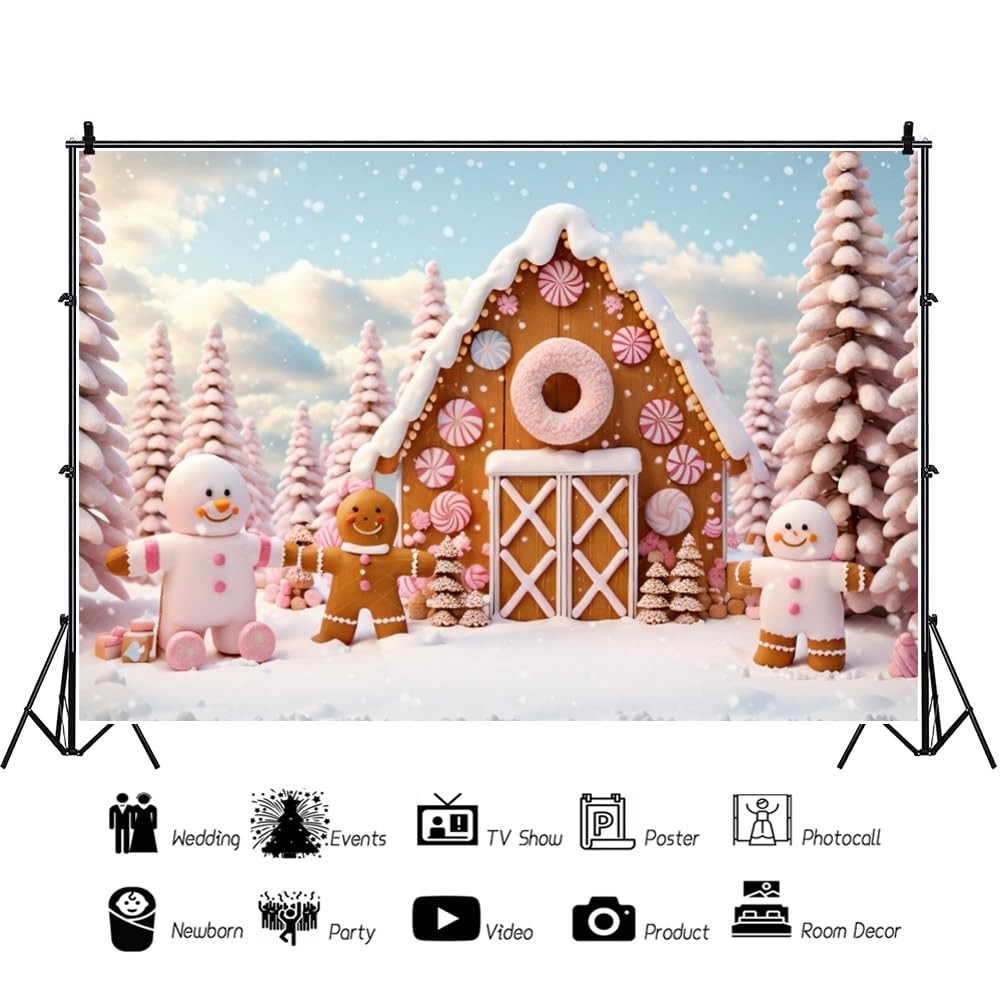 Yeele 10x8ft Christmas Village Photography Backdrop Cartoon Pink Gingerbread Man