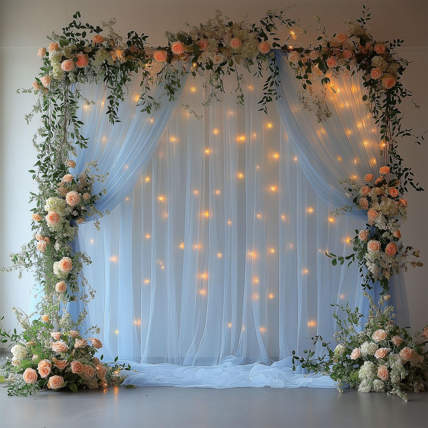 Baby Blue Tulle Sheer Backdrop Curtains Drapes With Light String 10x8ft 2 Panel