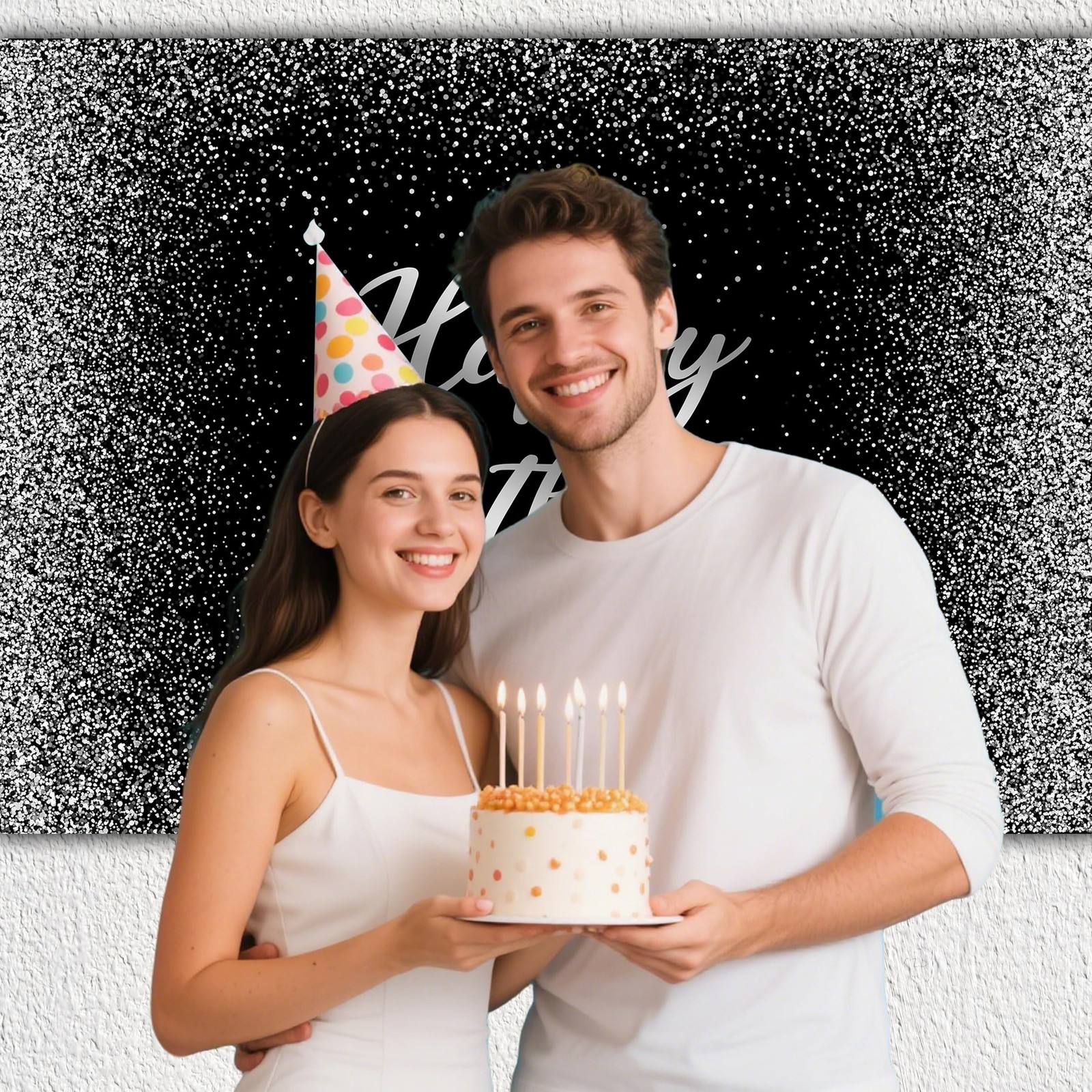 Happy Birthday Backdrops 12×8 FT Black and Silver Glitter Spots Happy Birthda…
