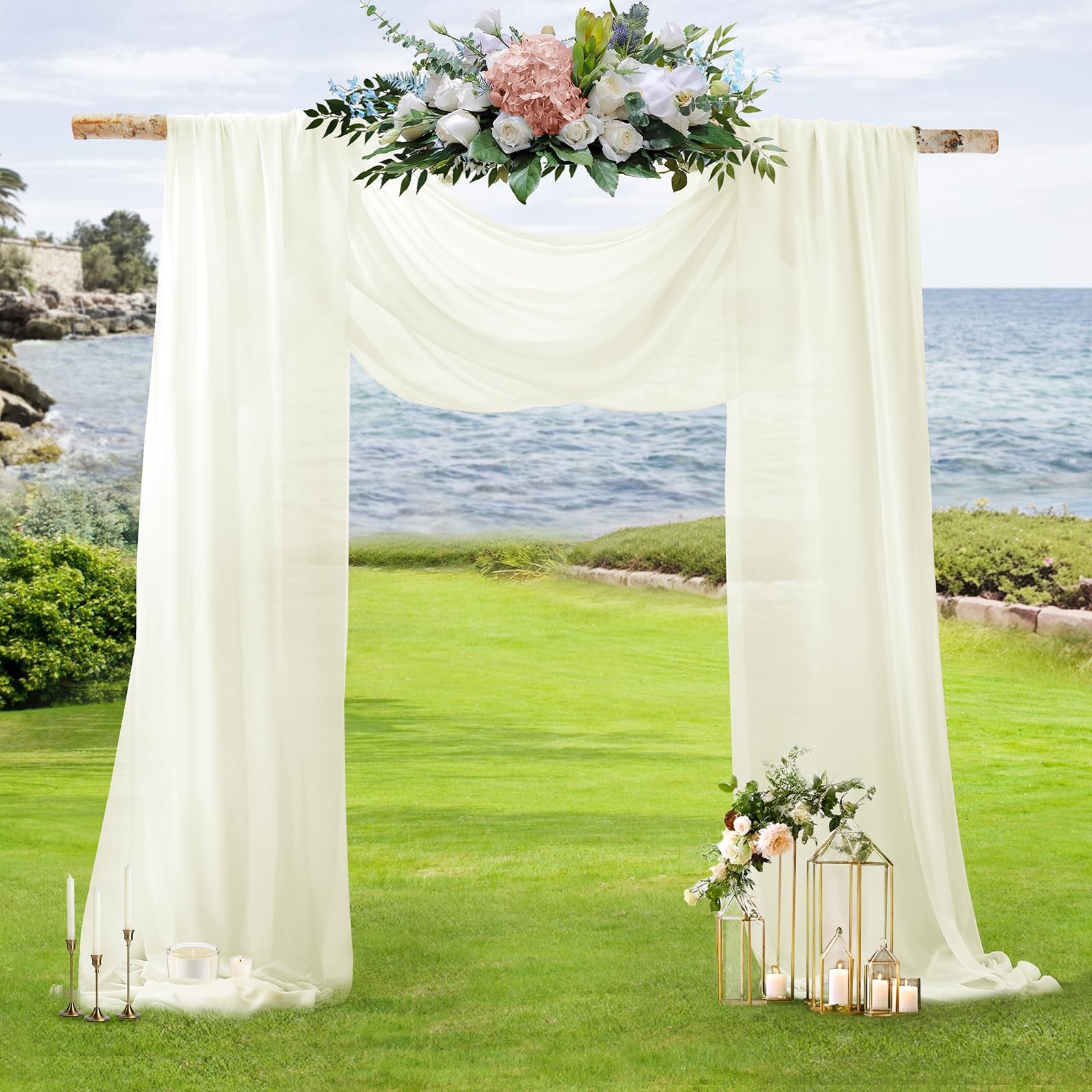2 Panels Wedding Arch Draping Fabric 30″ x 20Ft Ivory Sheer Chiffon Fabric Ou…