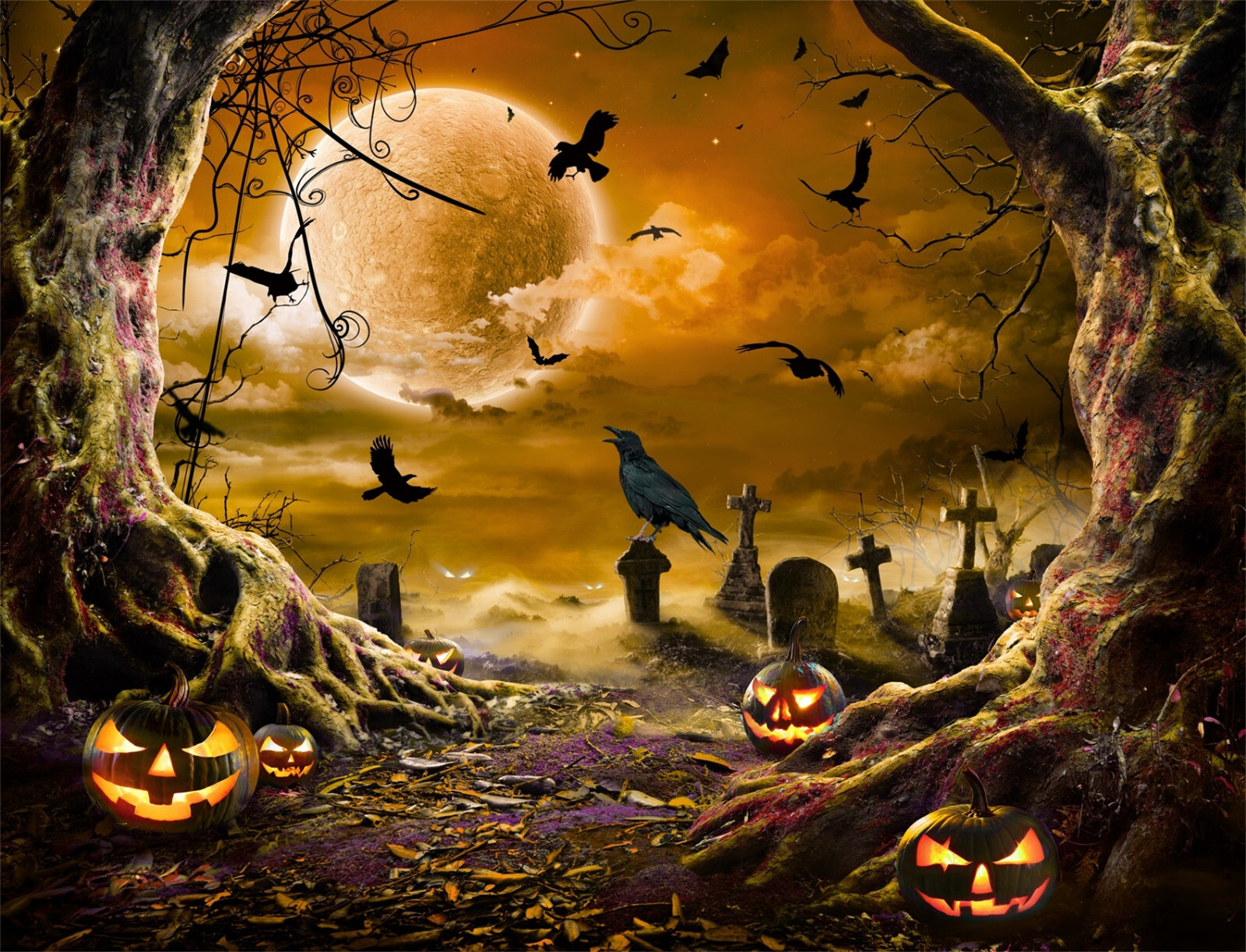 10x8ft Spooky Crow Full Moon Cemetery Halloween Vinyl Backdrop Photo Background