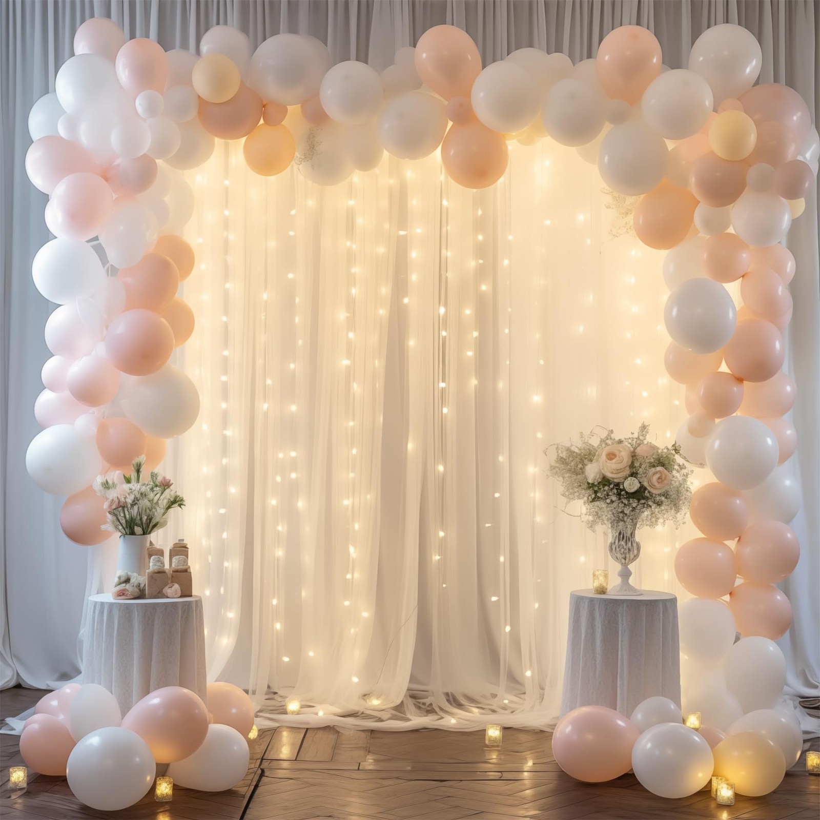 10×8ft White Tulle Curtain Backdrop with Lights String for Parites, Sheer Bac…