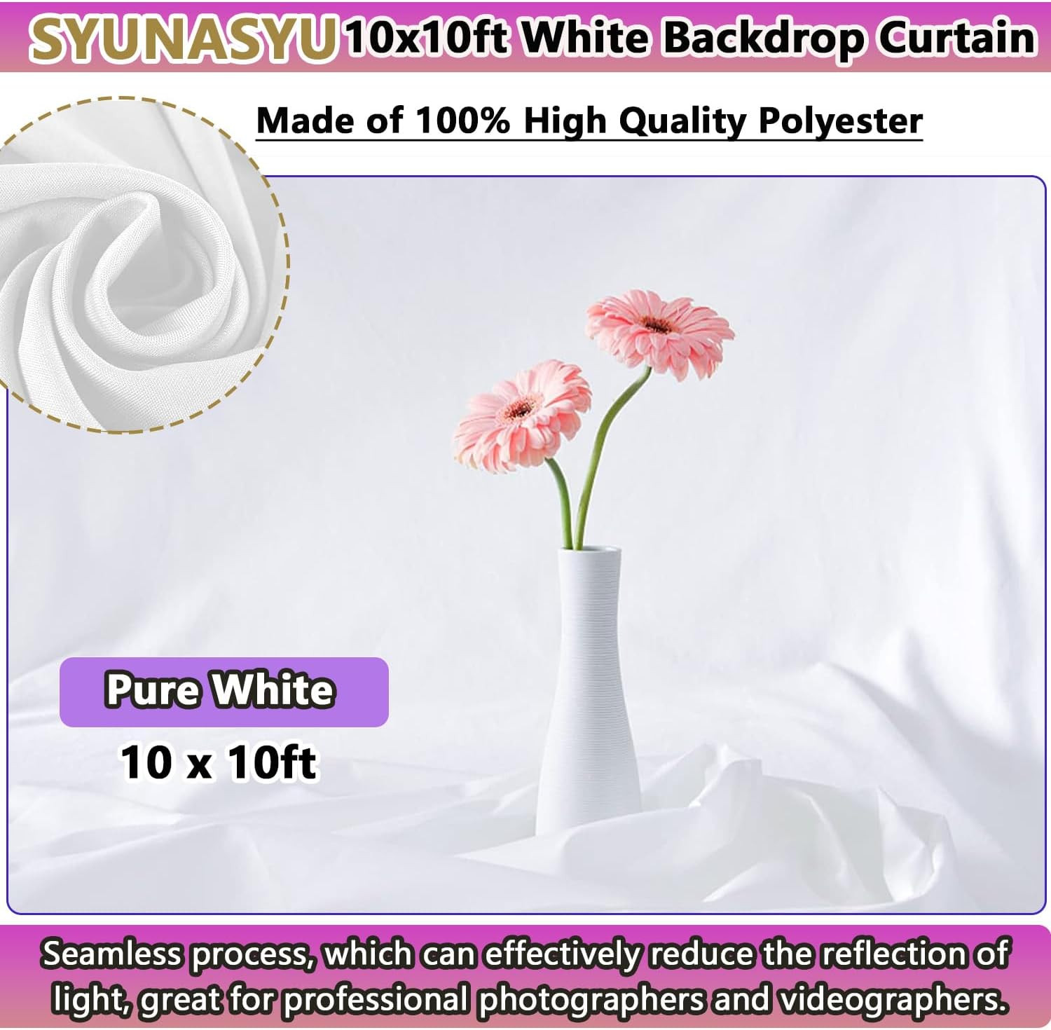 Photo Backdrop White 10 X 10Ft, White Backdrop for Photoshoot, Solid White Photo