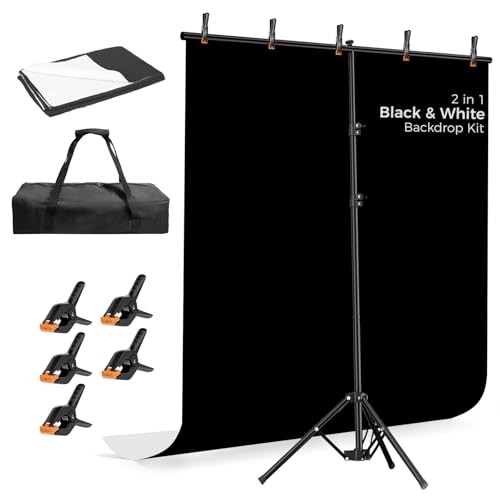 Photo Backdrop with Stand Kit 6.5x5ft, Photography Black and White 2-in-1