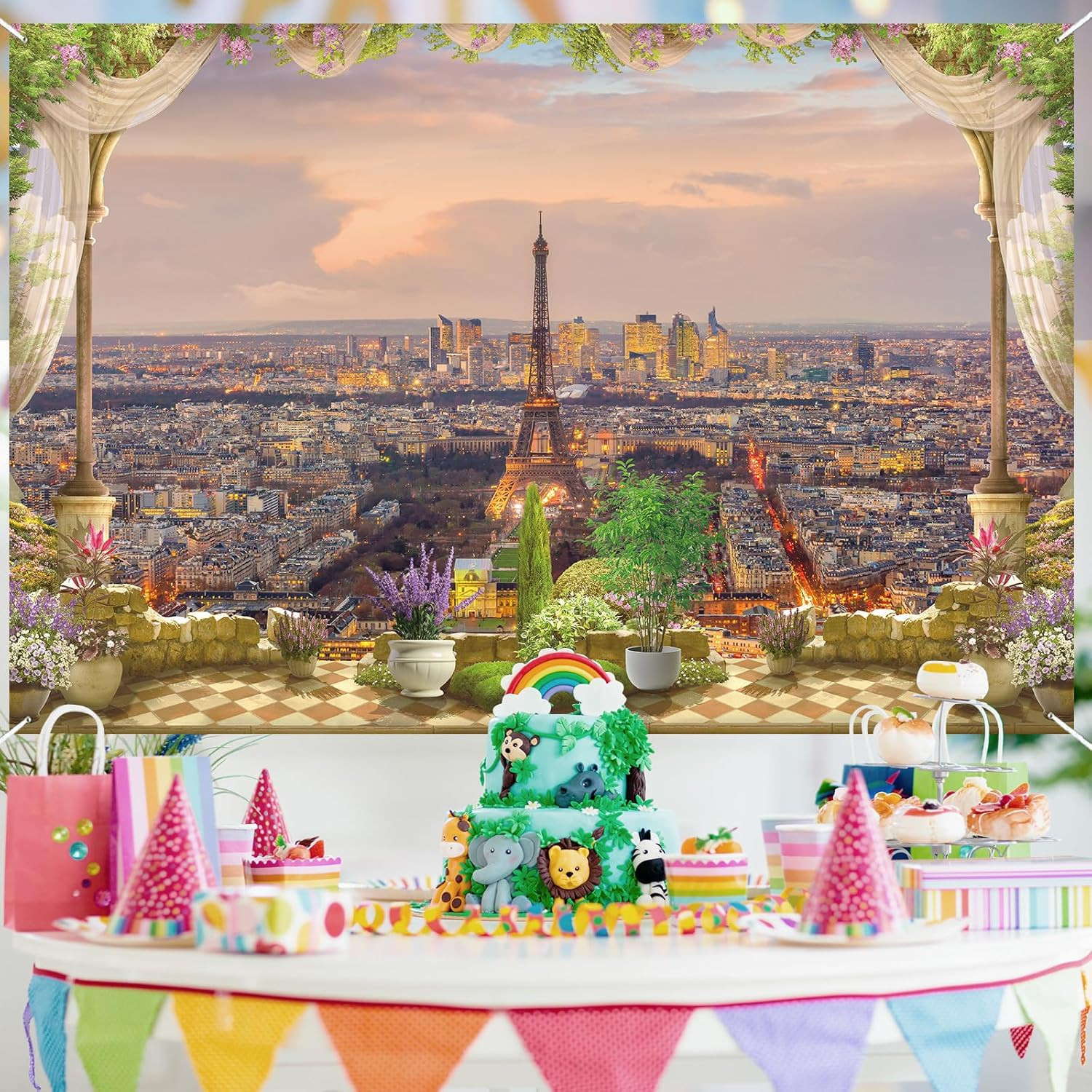 City Backdrop French Romance Theme Cityscape Decoration Romantic Sunset Balcony