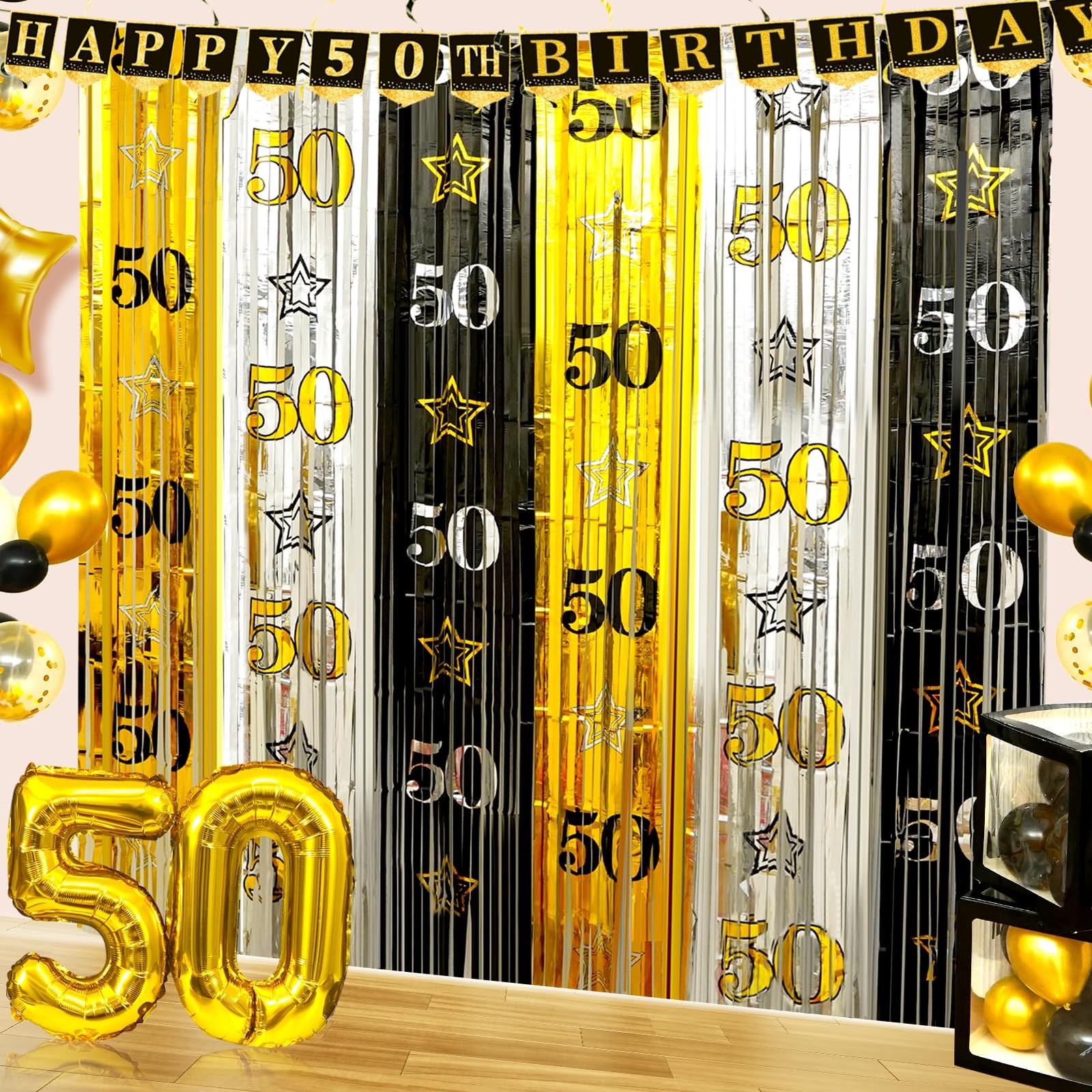 2 PCS 3.3×6.6ft 50th Birthday Backdrop, Black Gold Silver, Foil Fringe Curtain