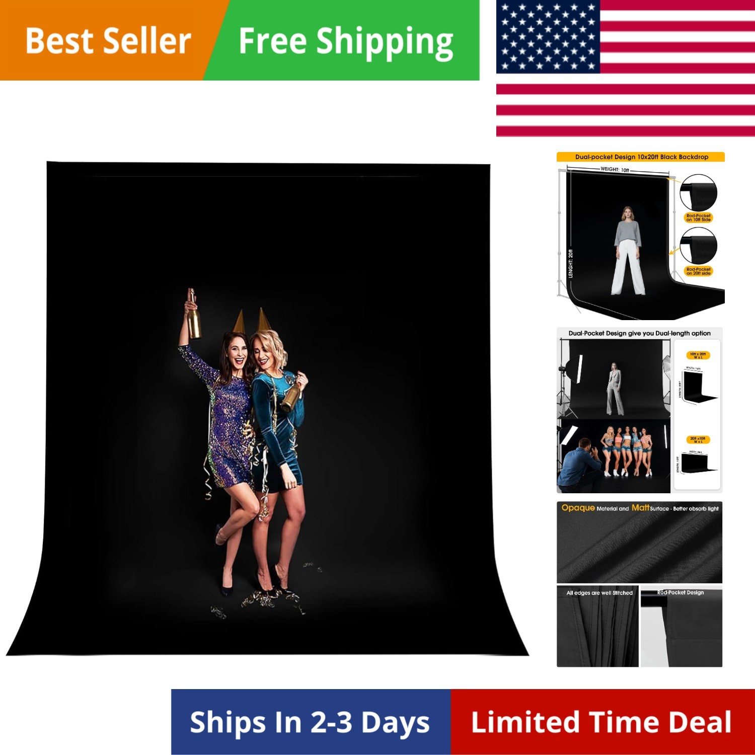 10x20ft Black Backdrop for Photography, Dual-Size Dual-Pocket Design Photo Bo…