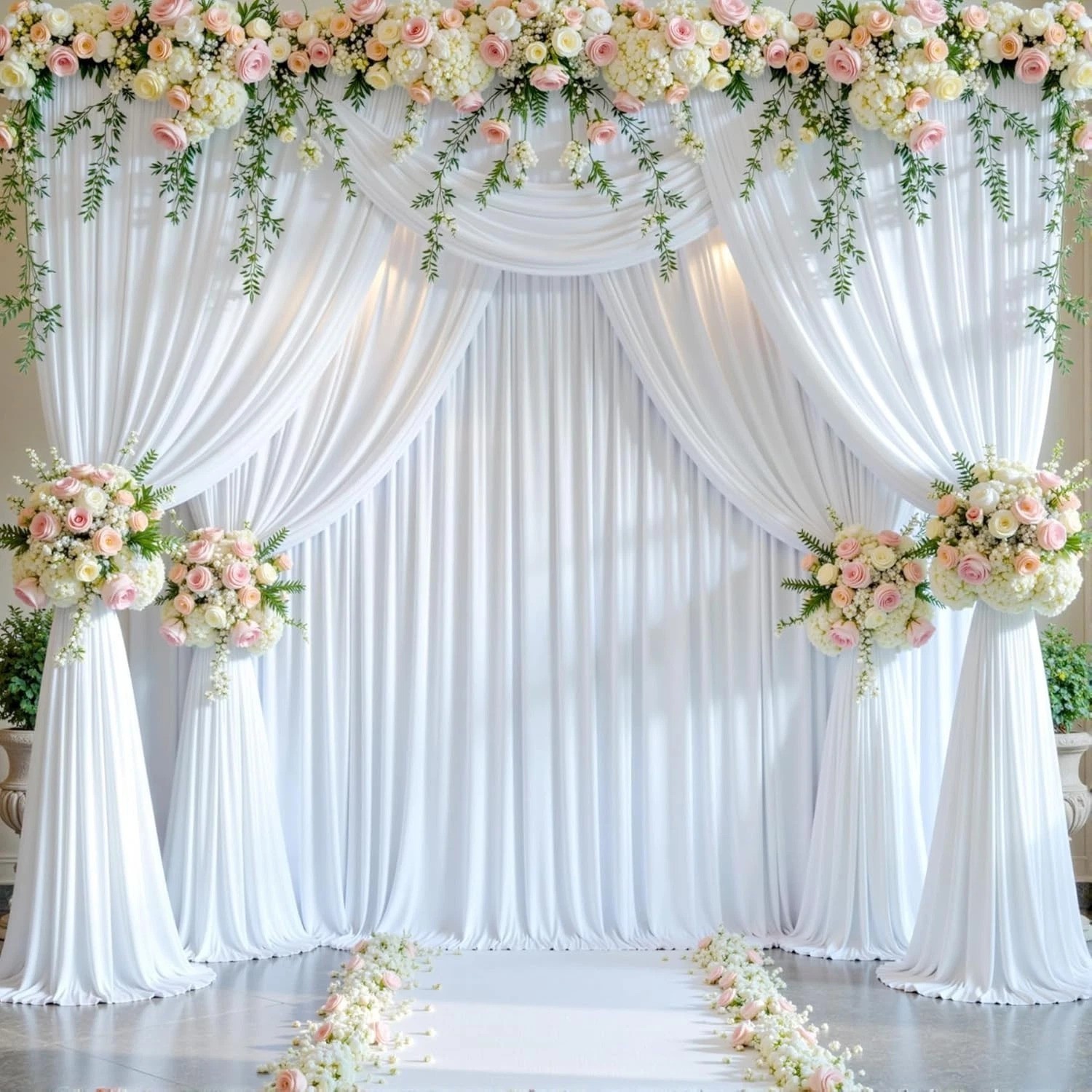8-Pack White Wrinkle-Free Backdrop Curtains 40ft x 10ft for Parties & Events