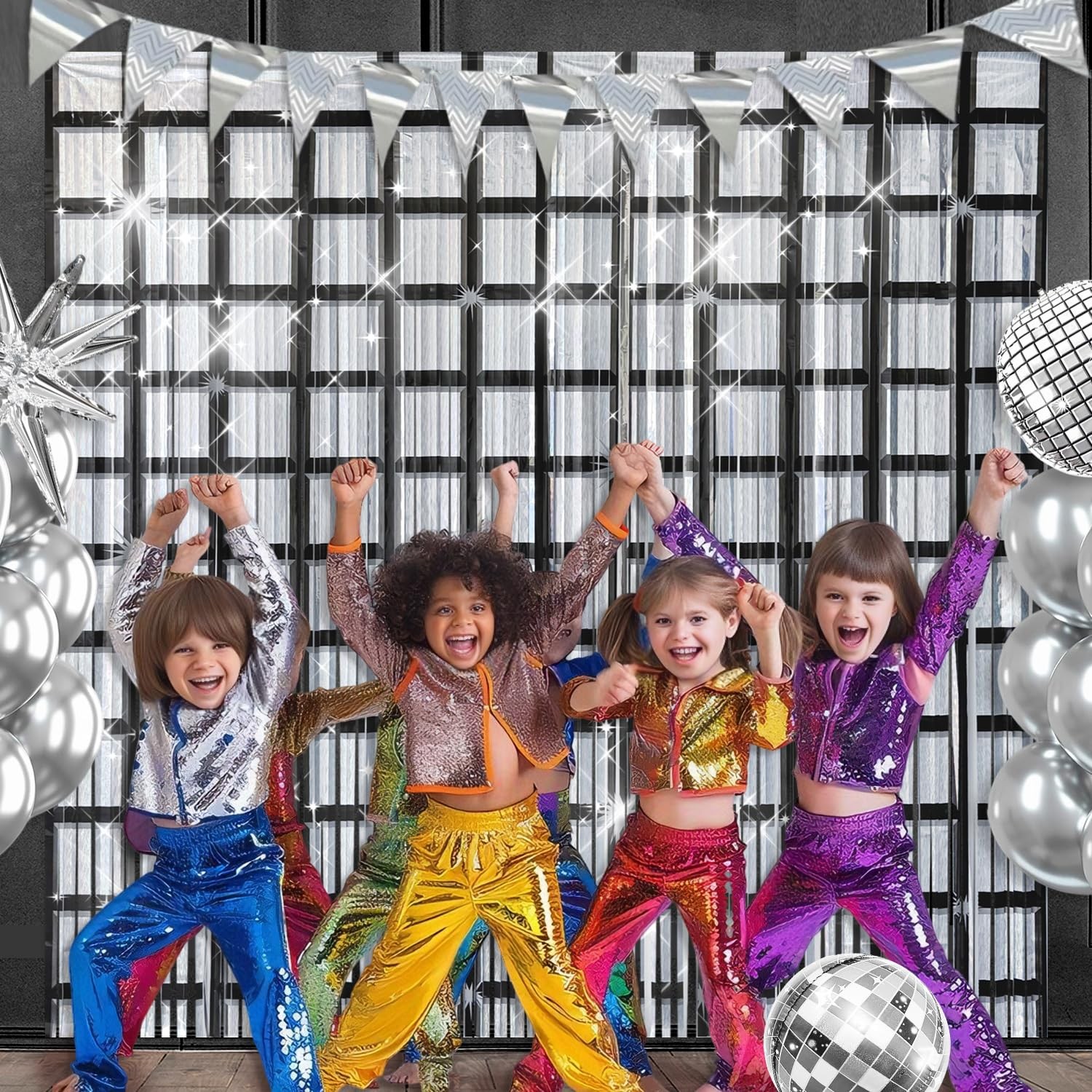 2 Pack Black Silver Foil Fringe Curtains Disco Party Backdrop Photo Background