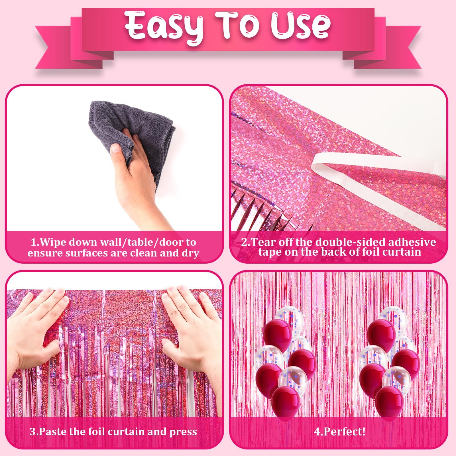 3 Pack Laser Pink Foil Fringe Curtains 3.3×8.2ft Baby Shower Disco Decor