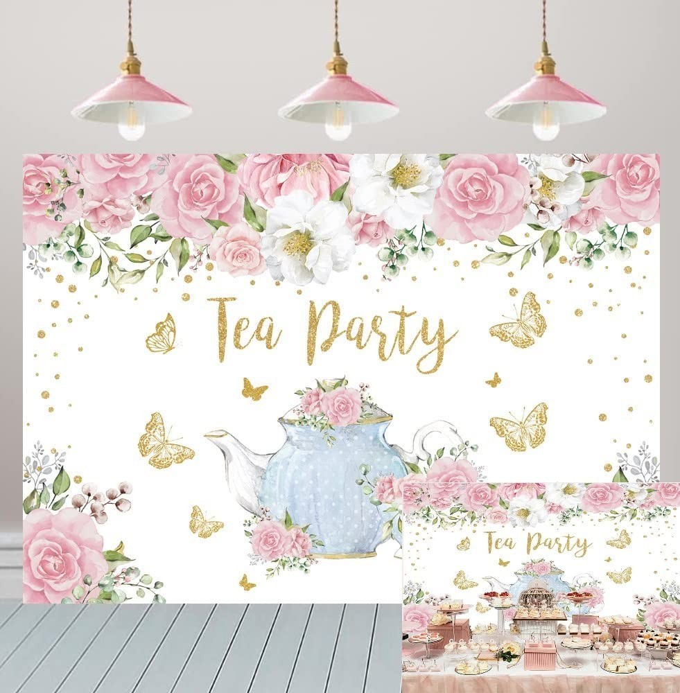 Pink Rose Floral Gold Butterfly Tea Party Backdrop 8x6FT – Spring Princess Wonde