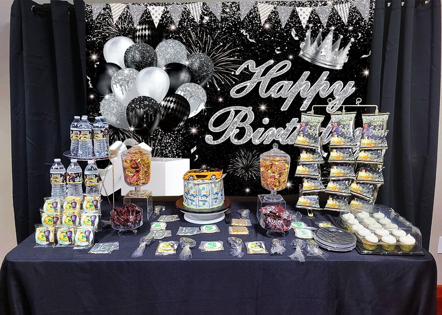 Silver Black Happy Birthday Backdrop 7x5ft Silver