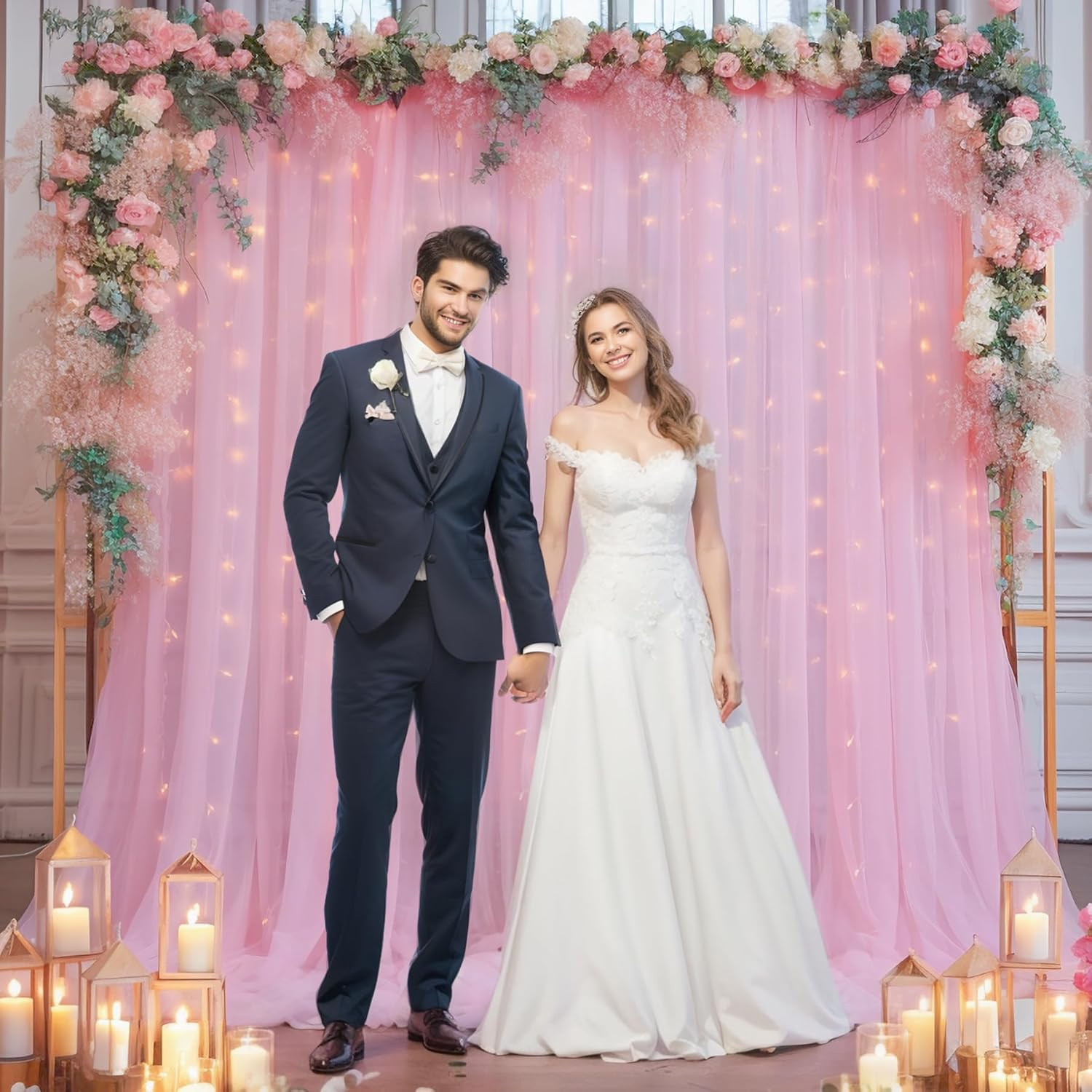 10X10Ft Pink Tulle Backdrop Curtain with Lights String for Parites, Sheer Backdr