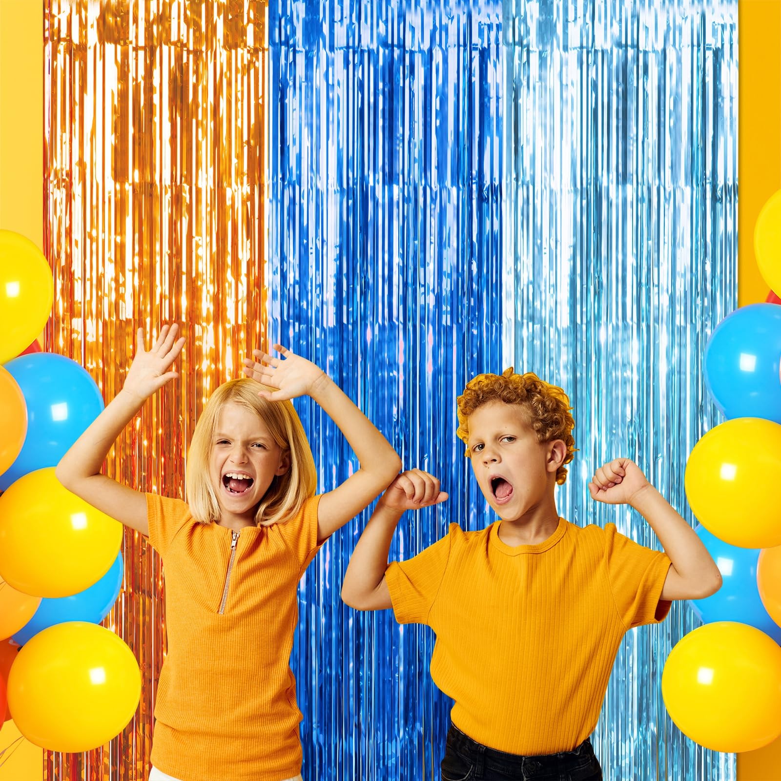 3 Pack 3.3×6.6Ft Blue Dog Foil Fringe Curtains, Orange, Light Blue Tinsel