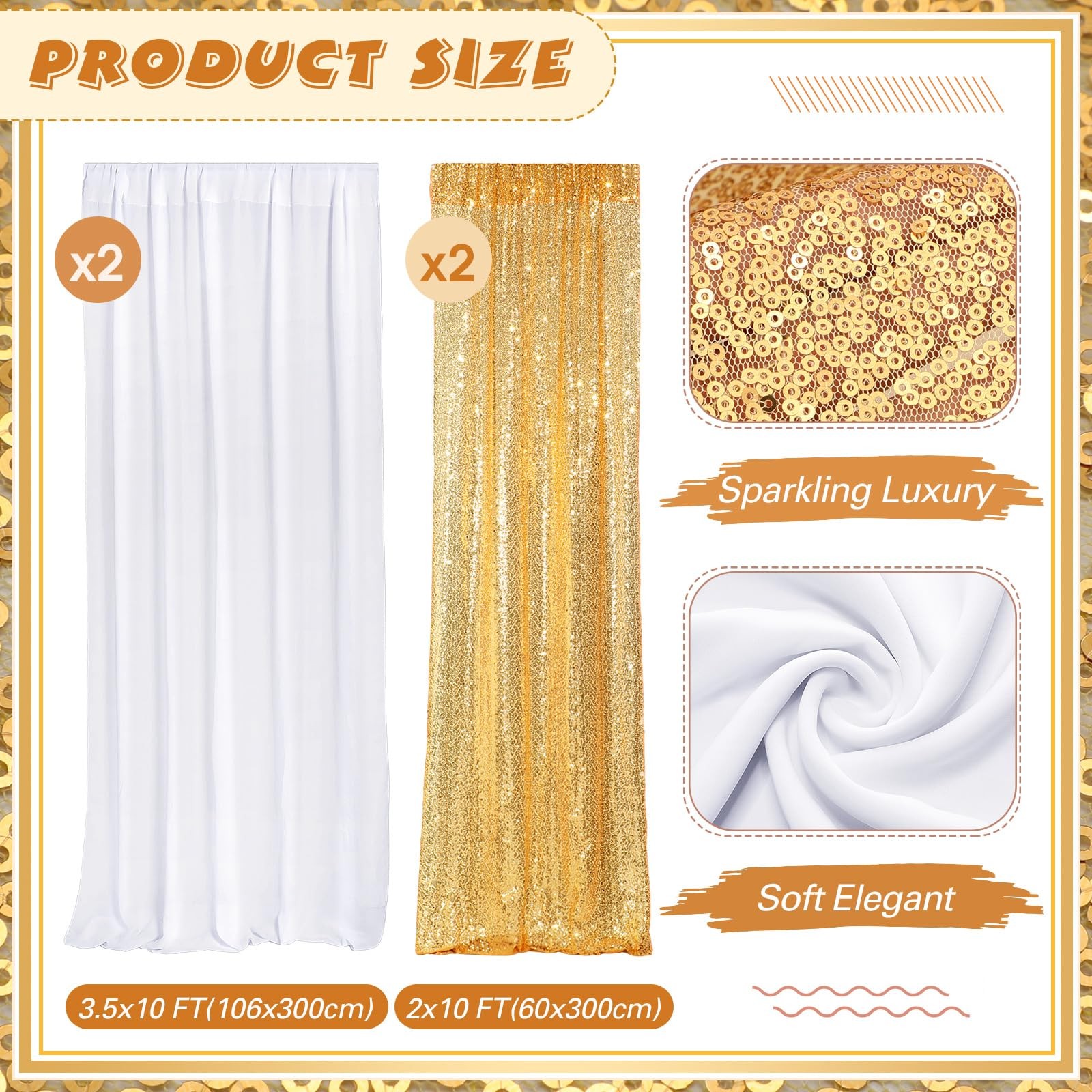 4 PCS Backdrop Curtains 2 Sequin Glitter 4×10 ft 2 Chiffon 7×10 ft White Gold