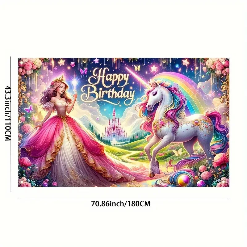 1pc Unicorn Birthday Banner, Princess Birthday Backdrop Cloth, Unicorn Birthday