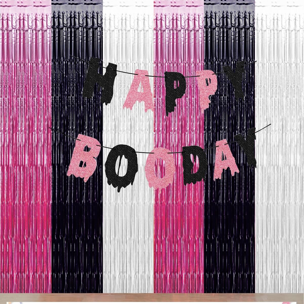 Pink Halloween Party Decorations 3 Packs Black White Backdrops Foil Tinsel Cow